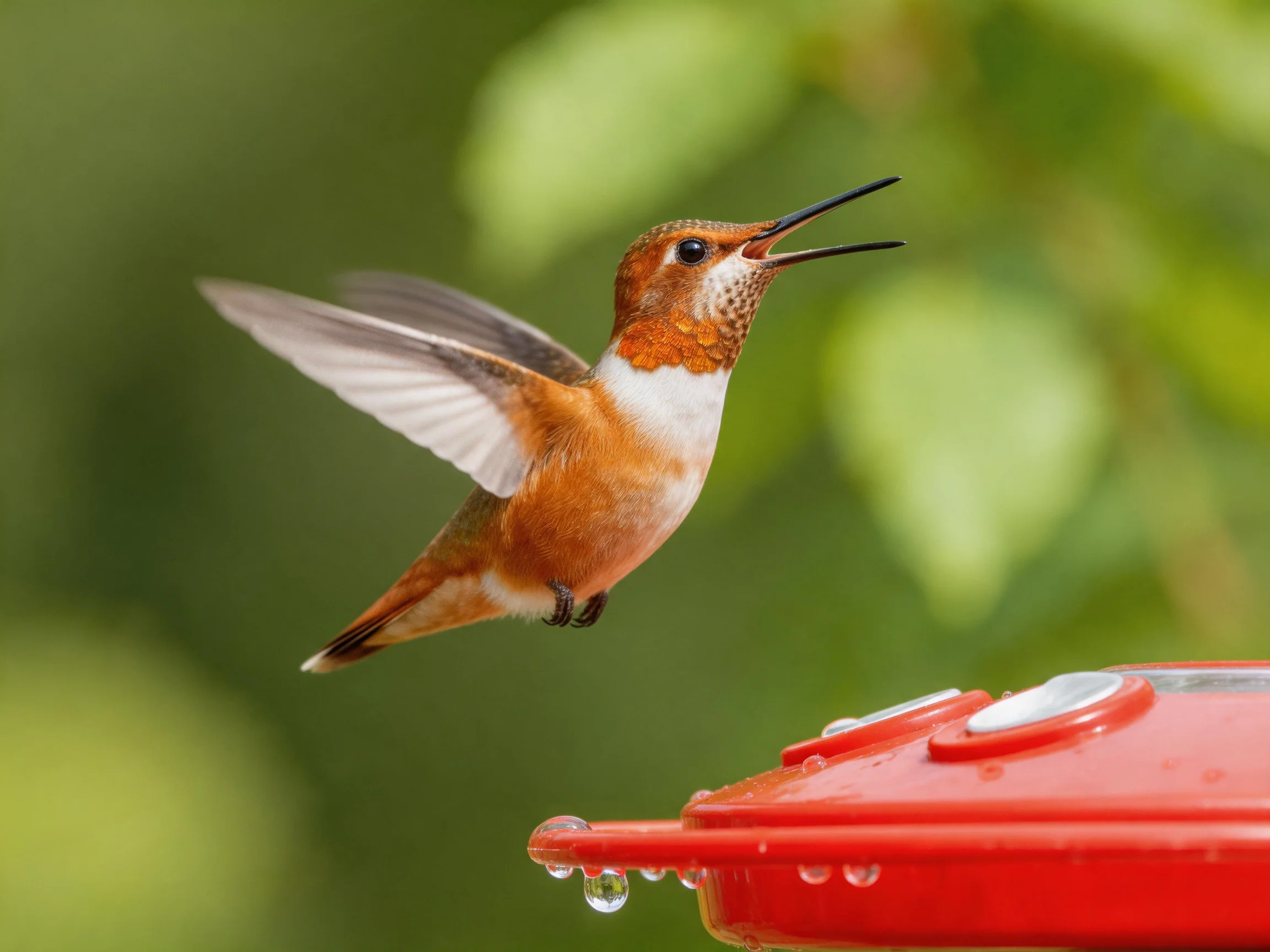 A rust-brown hummingbird hovers near a bright red feeder