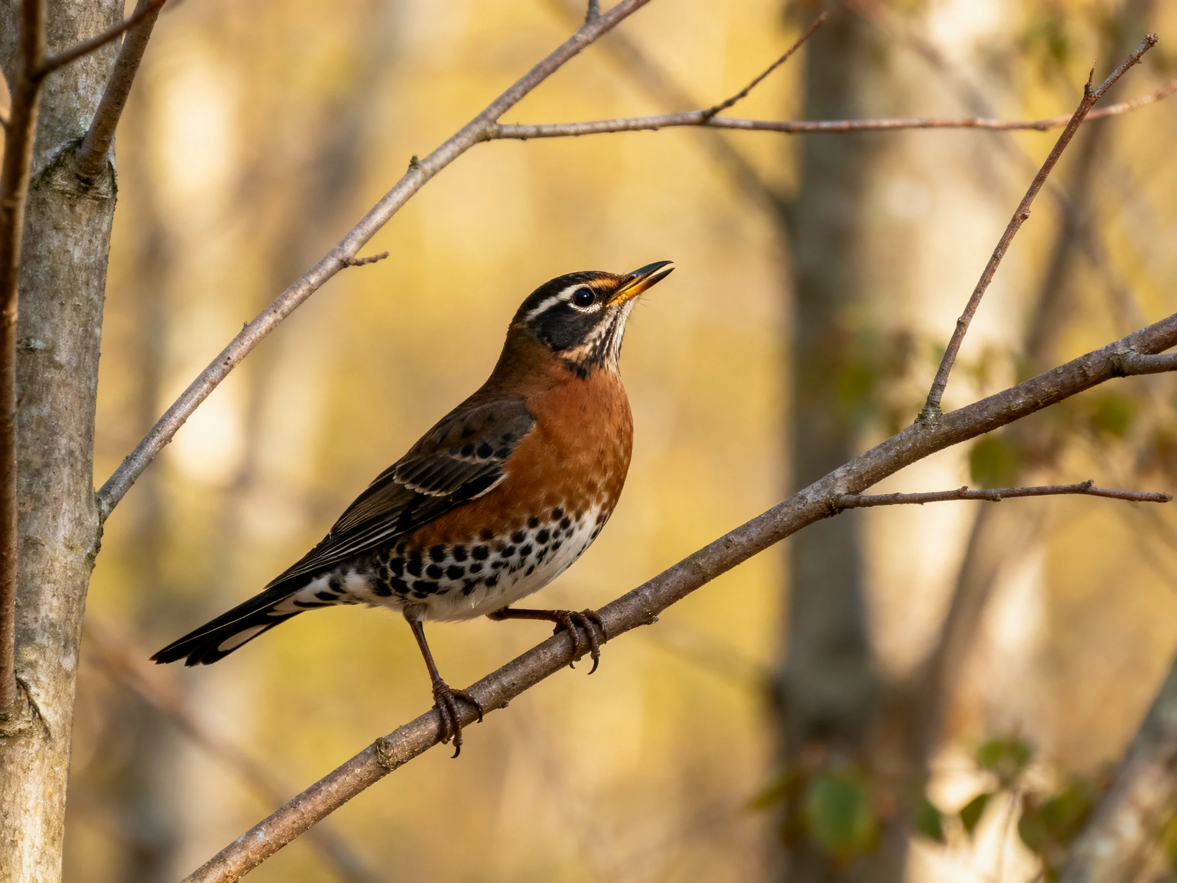 A rust-colored thrush with spotted underparts on a thin branch