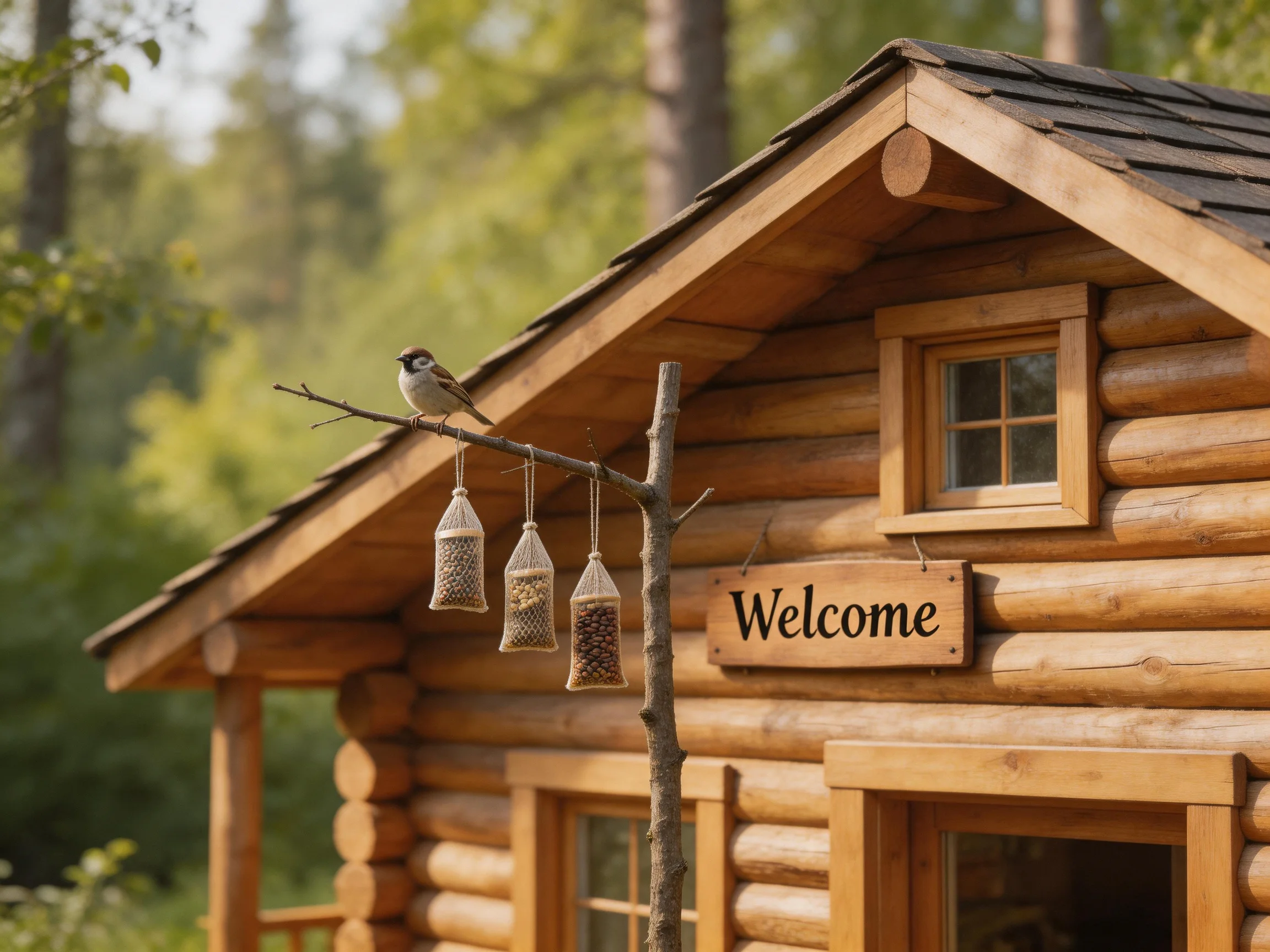 A rustic log cabin with a sparrow, three hanging seed bags, and a welcome sign