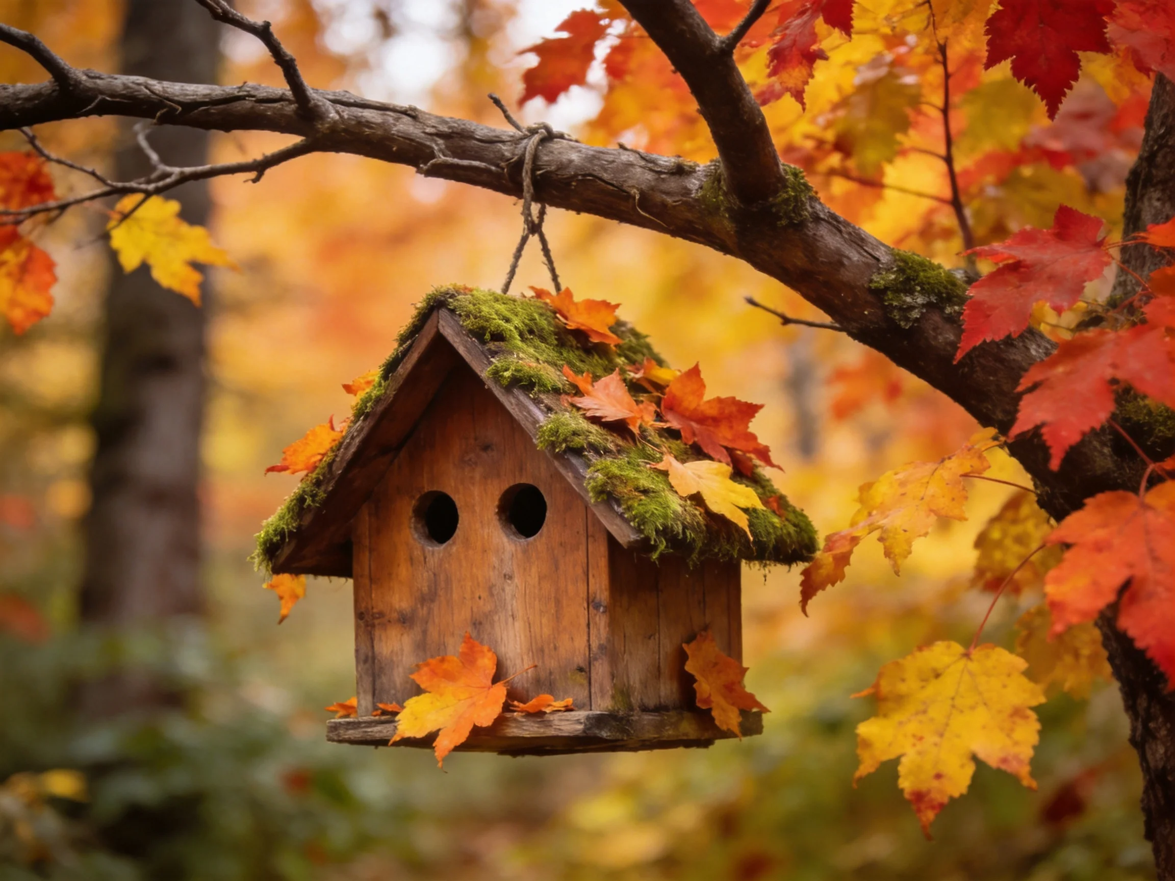 A rustic wooden birdhouse with moss roof, nestled among vibrant fall leaves