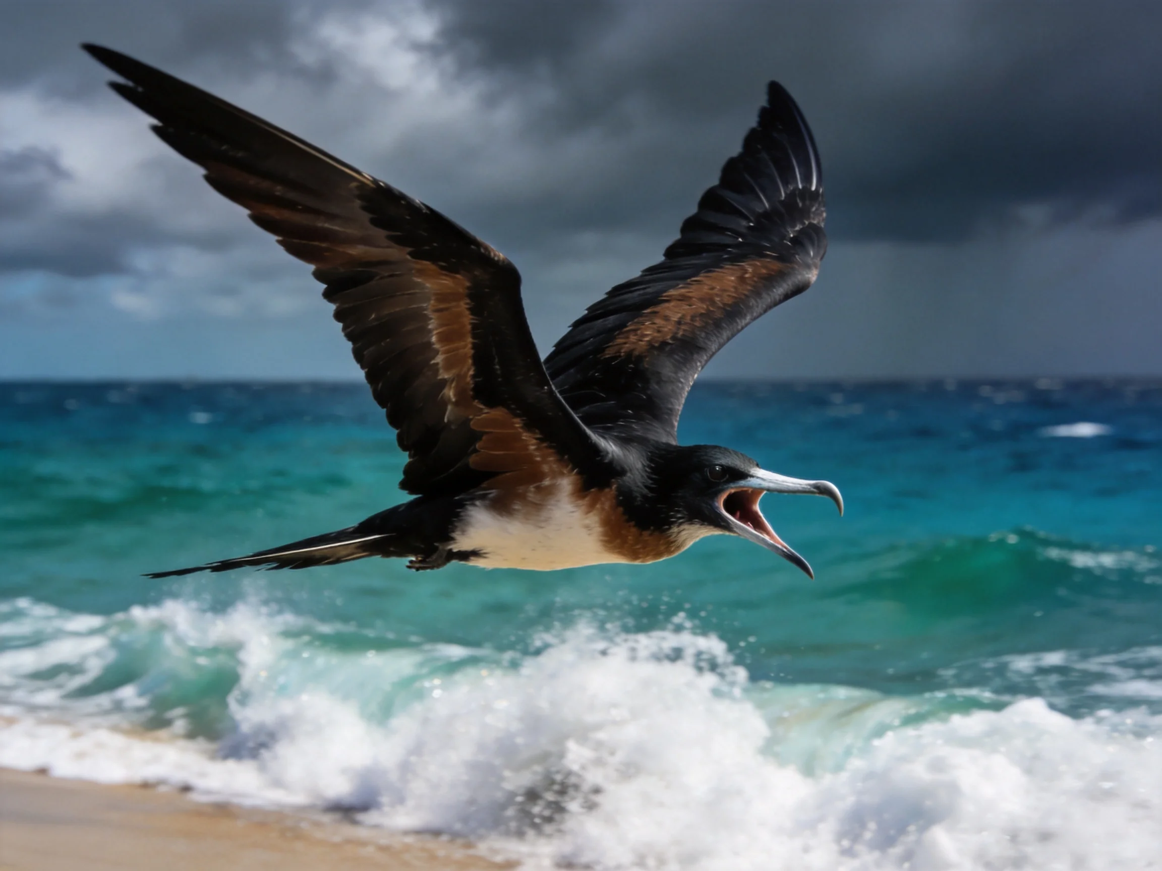 A seabird flies over turquoise ocean waters under stormy skies