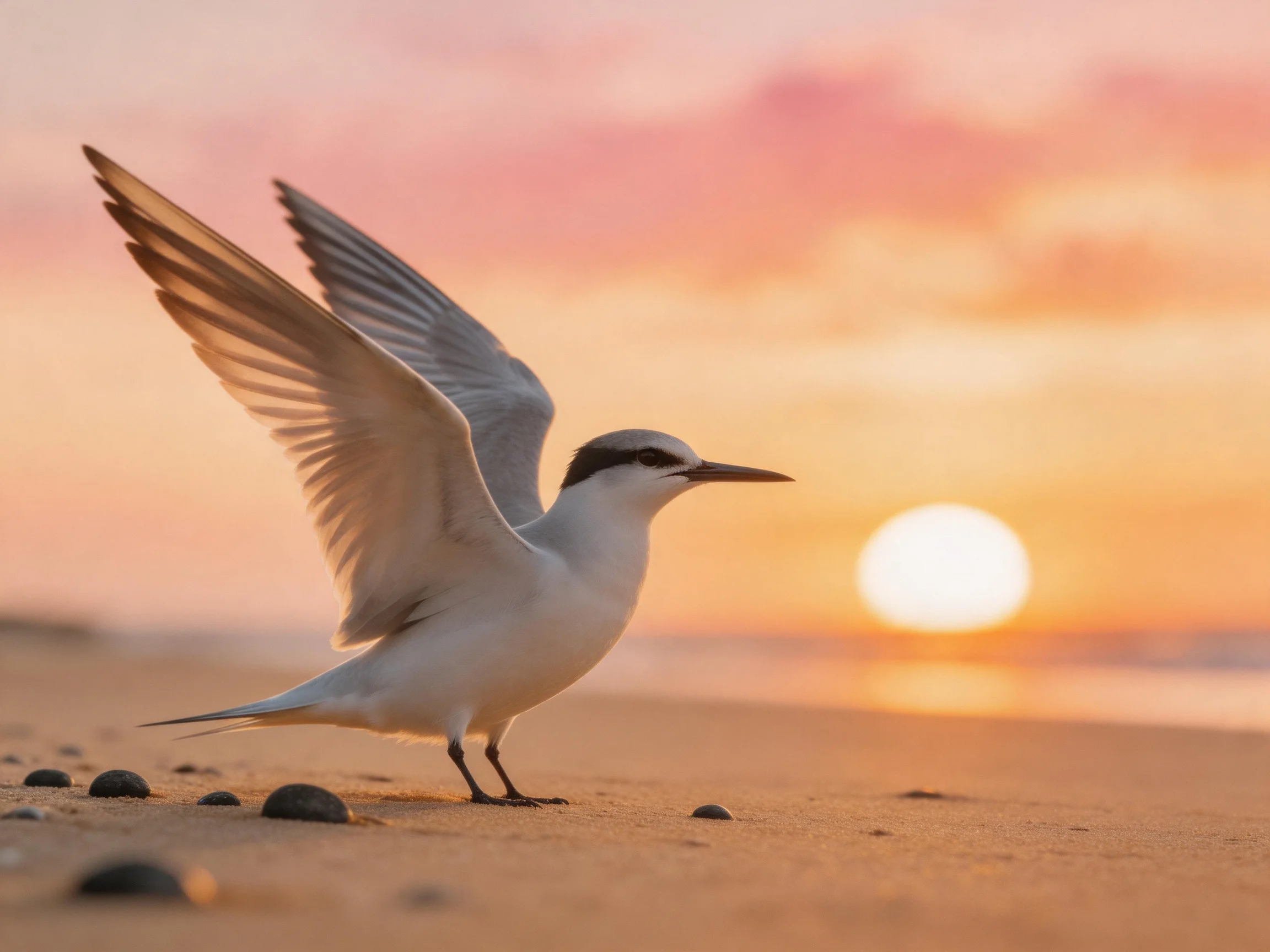 A seabird spreading wings on a sandy beach at sunset