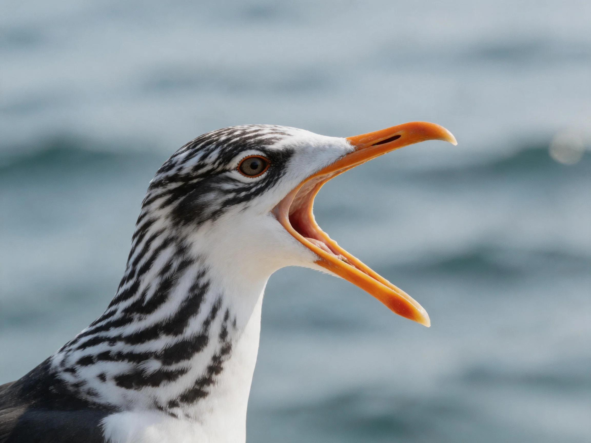 A seabird with black-and-white striped plumage and vibrant orange beak