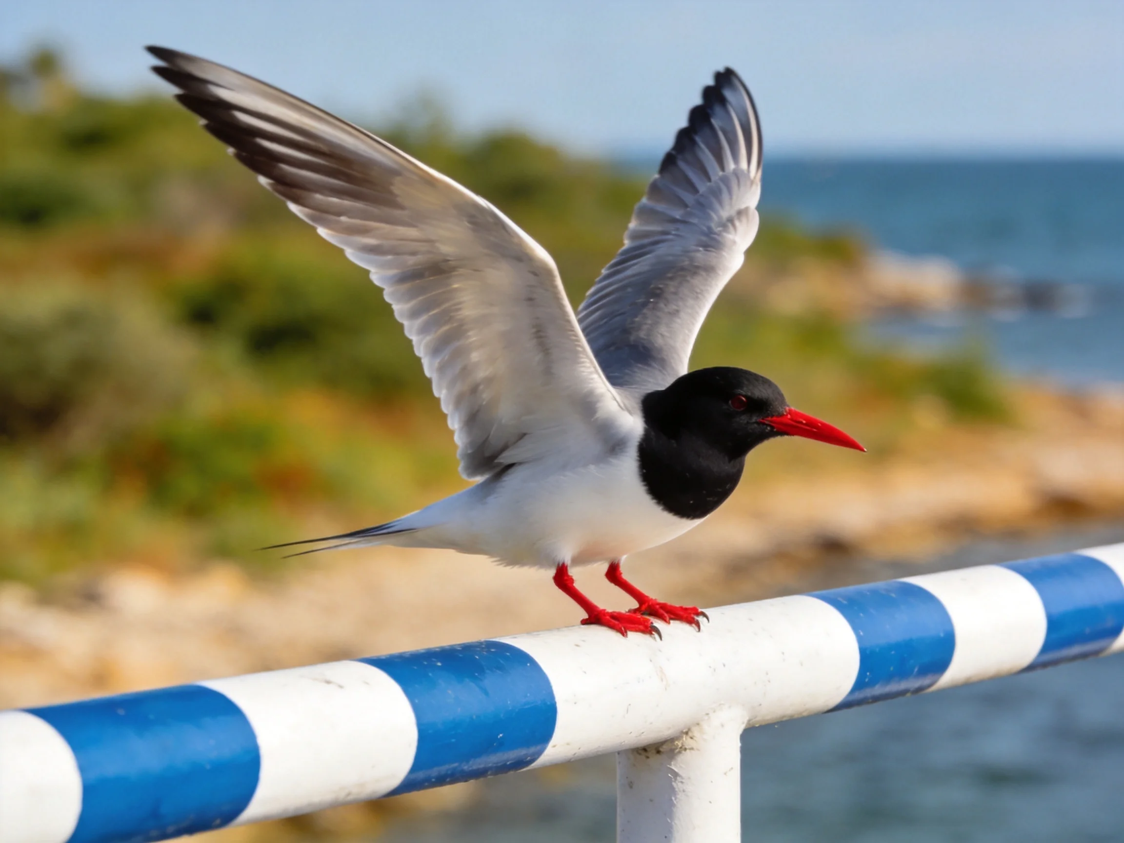A seabird with black head, red beak perches on blue-white railing