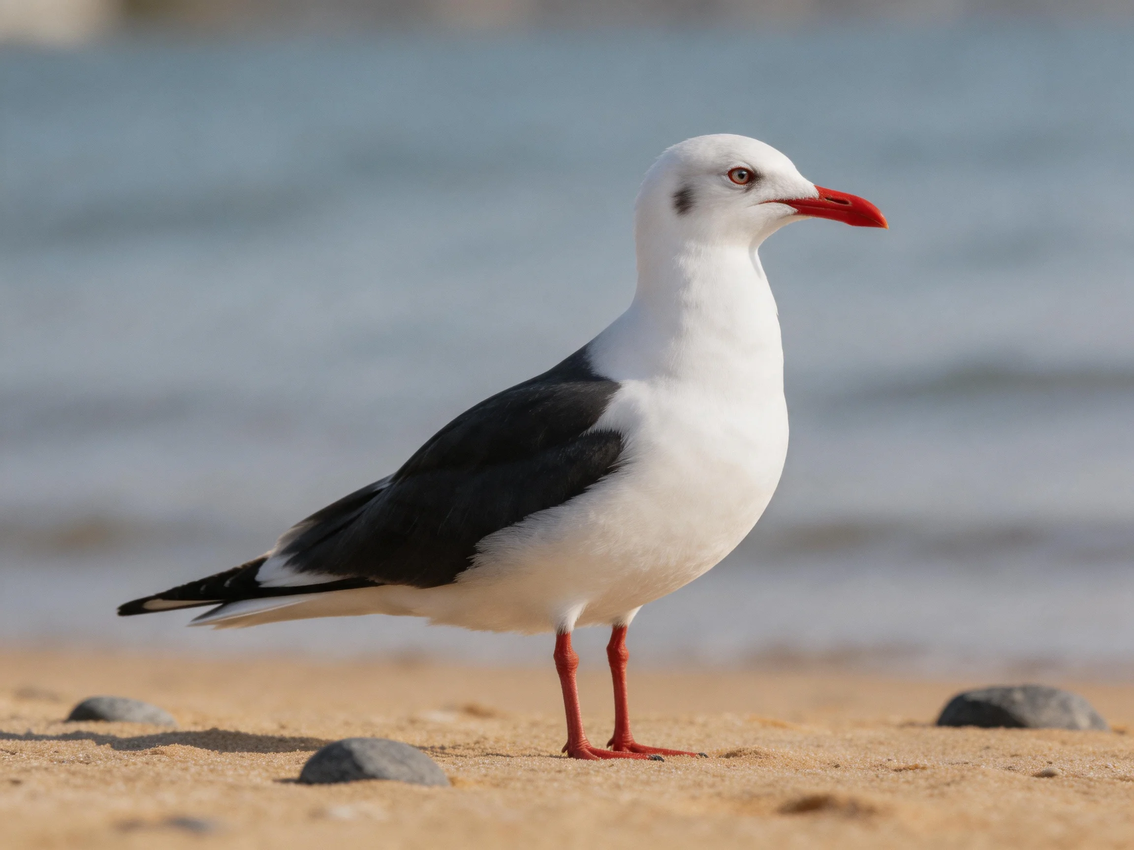 A seabird with black wings, red beak on sandy beach