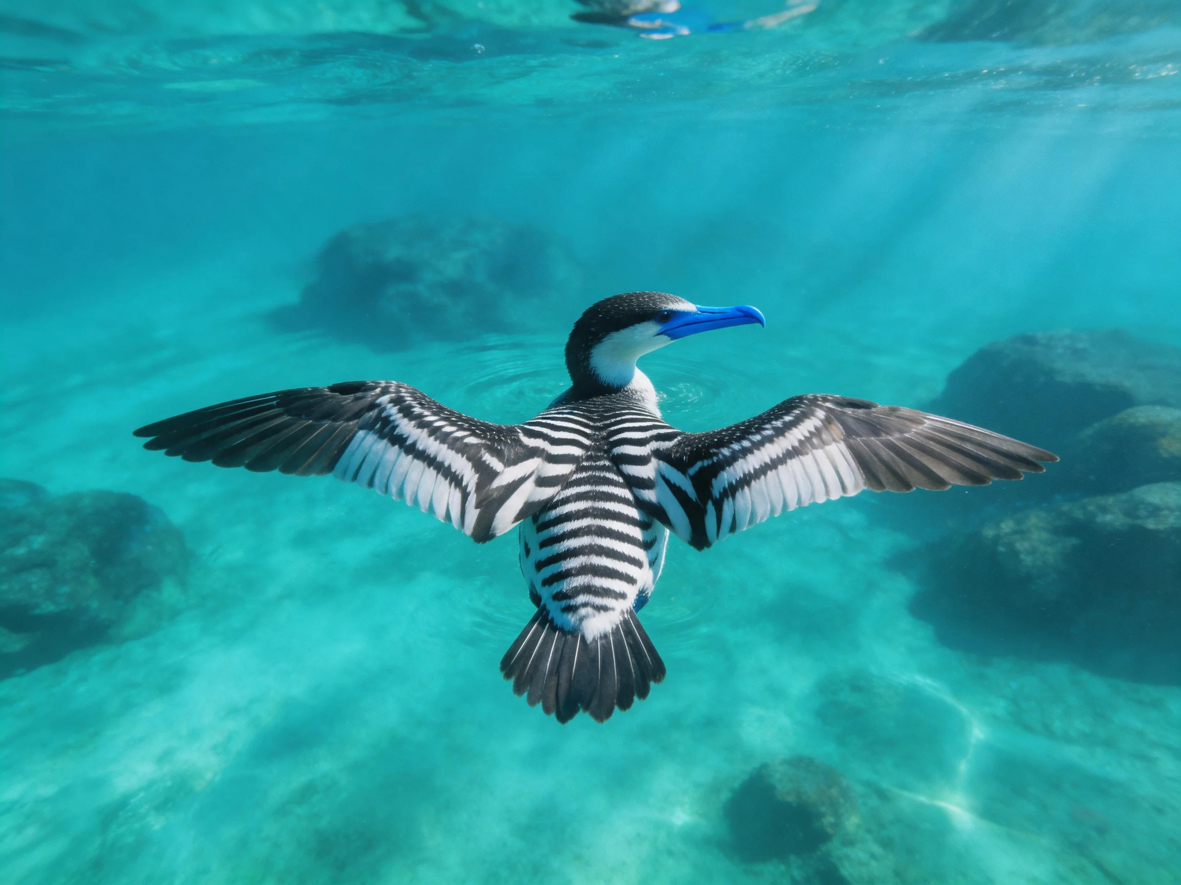 A seabird with blue beak gliding through clear turquoise waters