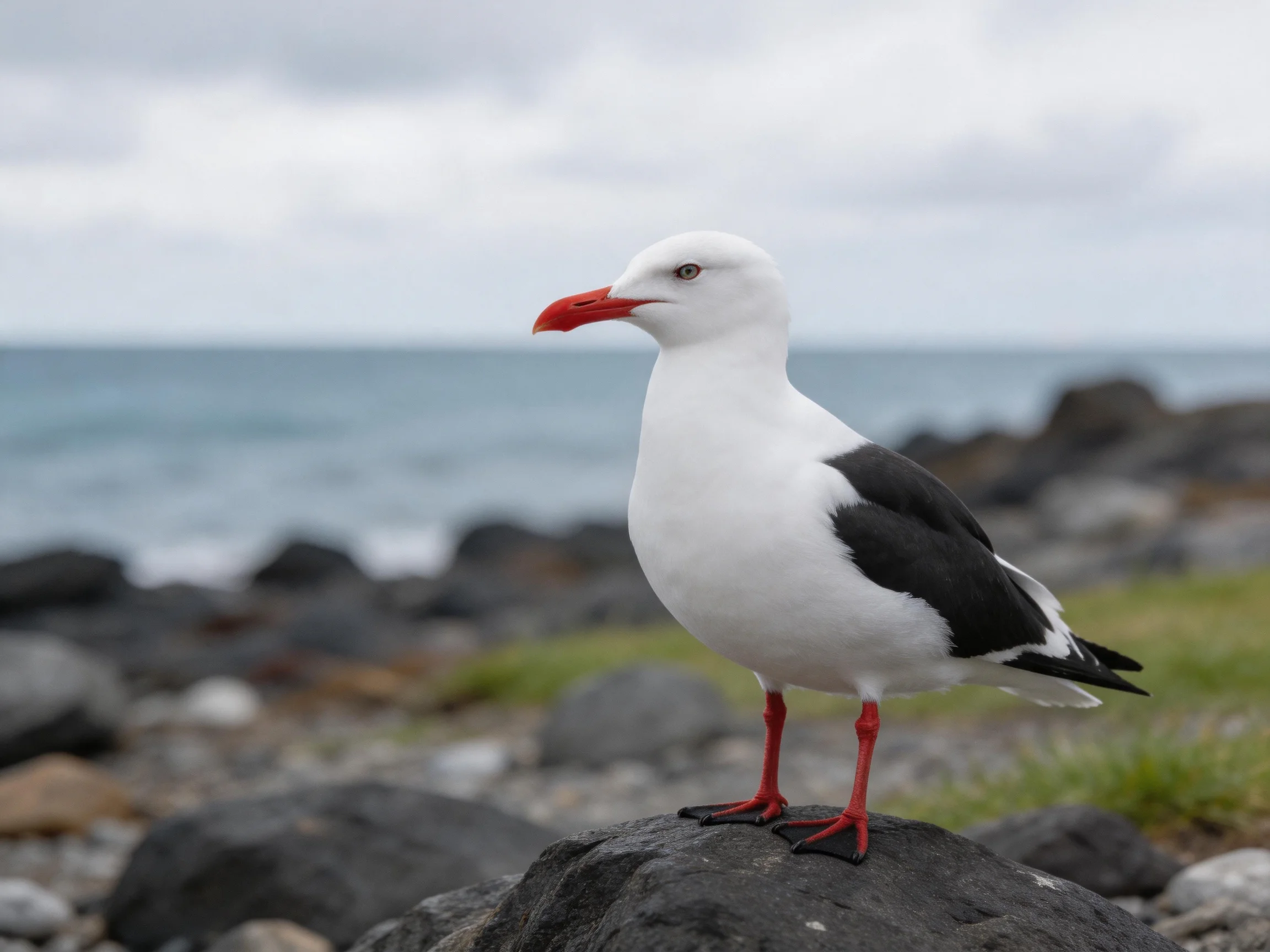 A seabird with red beak perched on coastal rocks