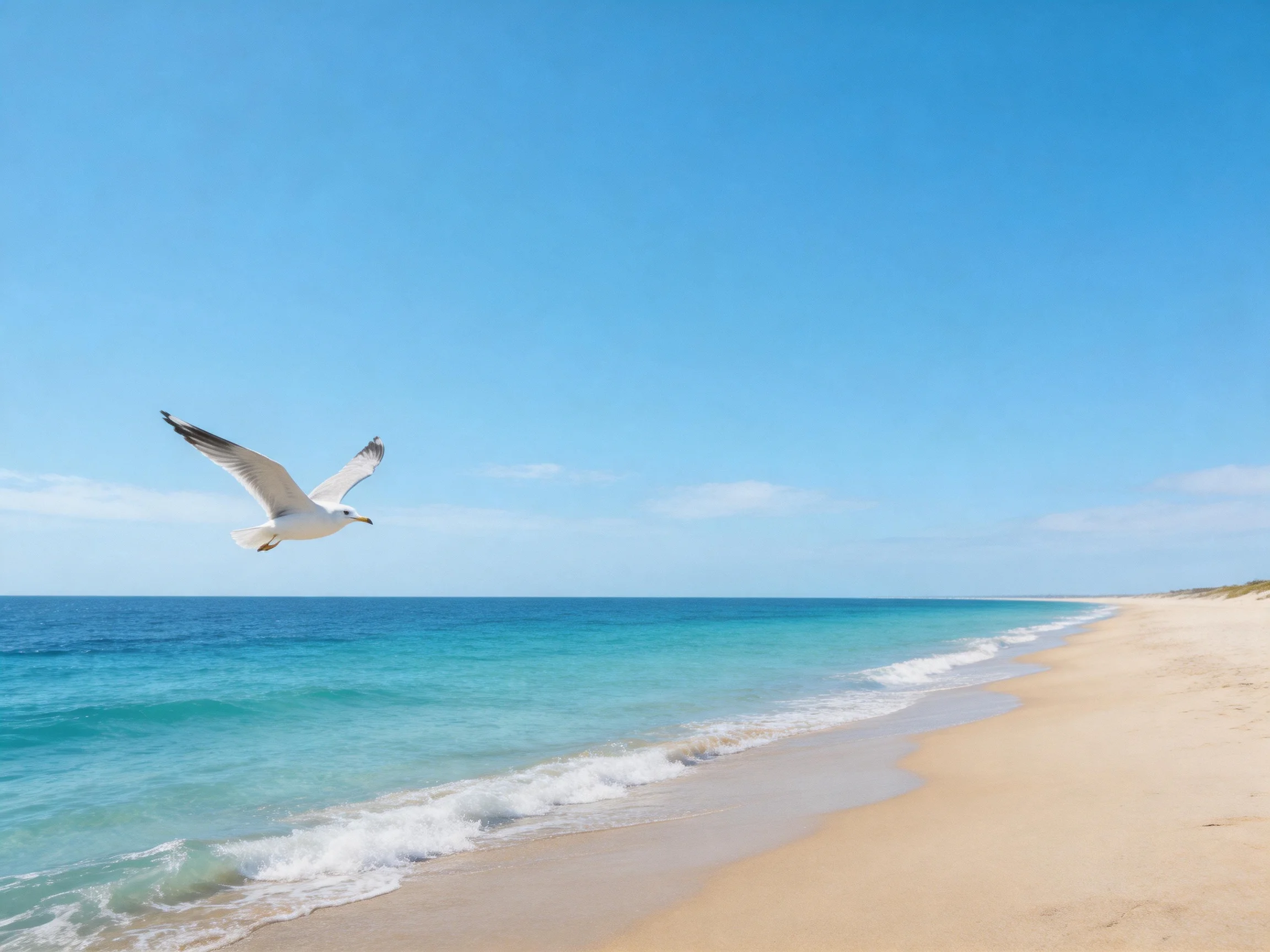 A seagull flies over a sandy beach with turquoise ocean