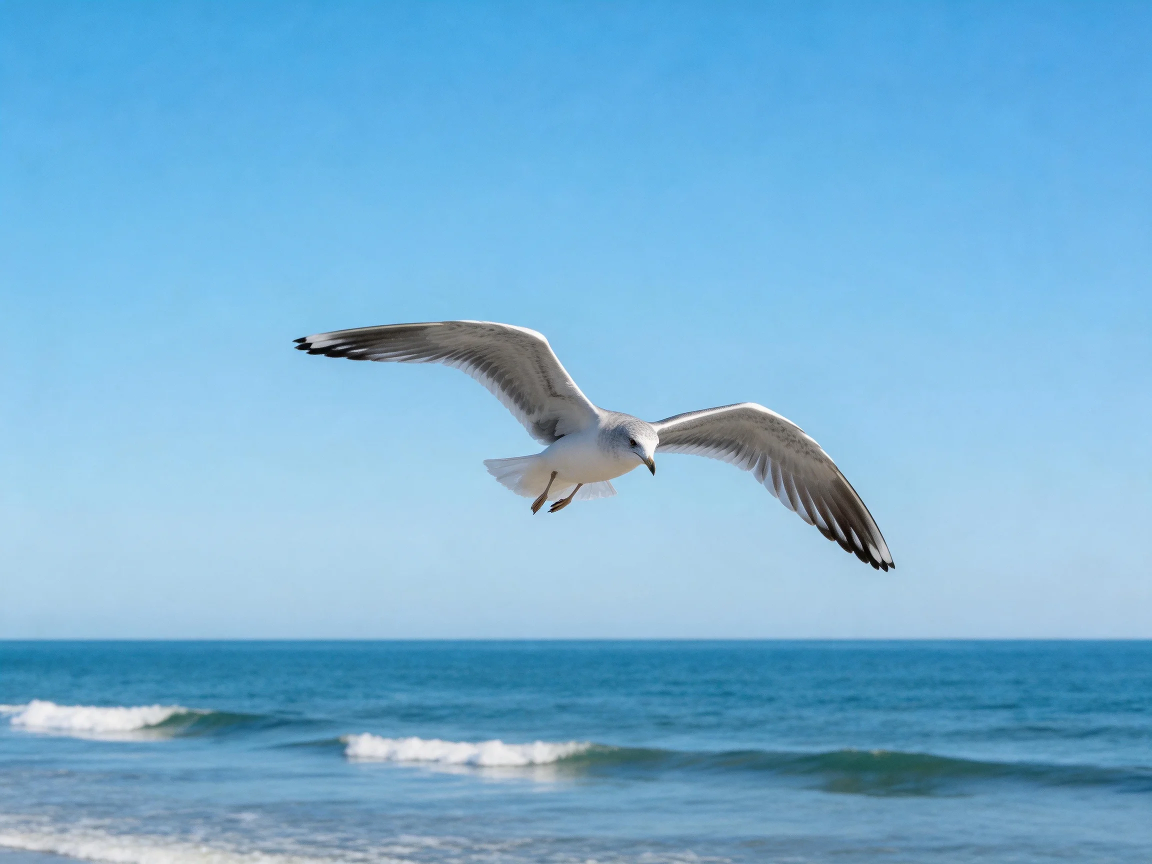 A seagull flies over calm blue ocean waters under clear sky