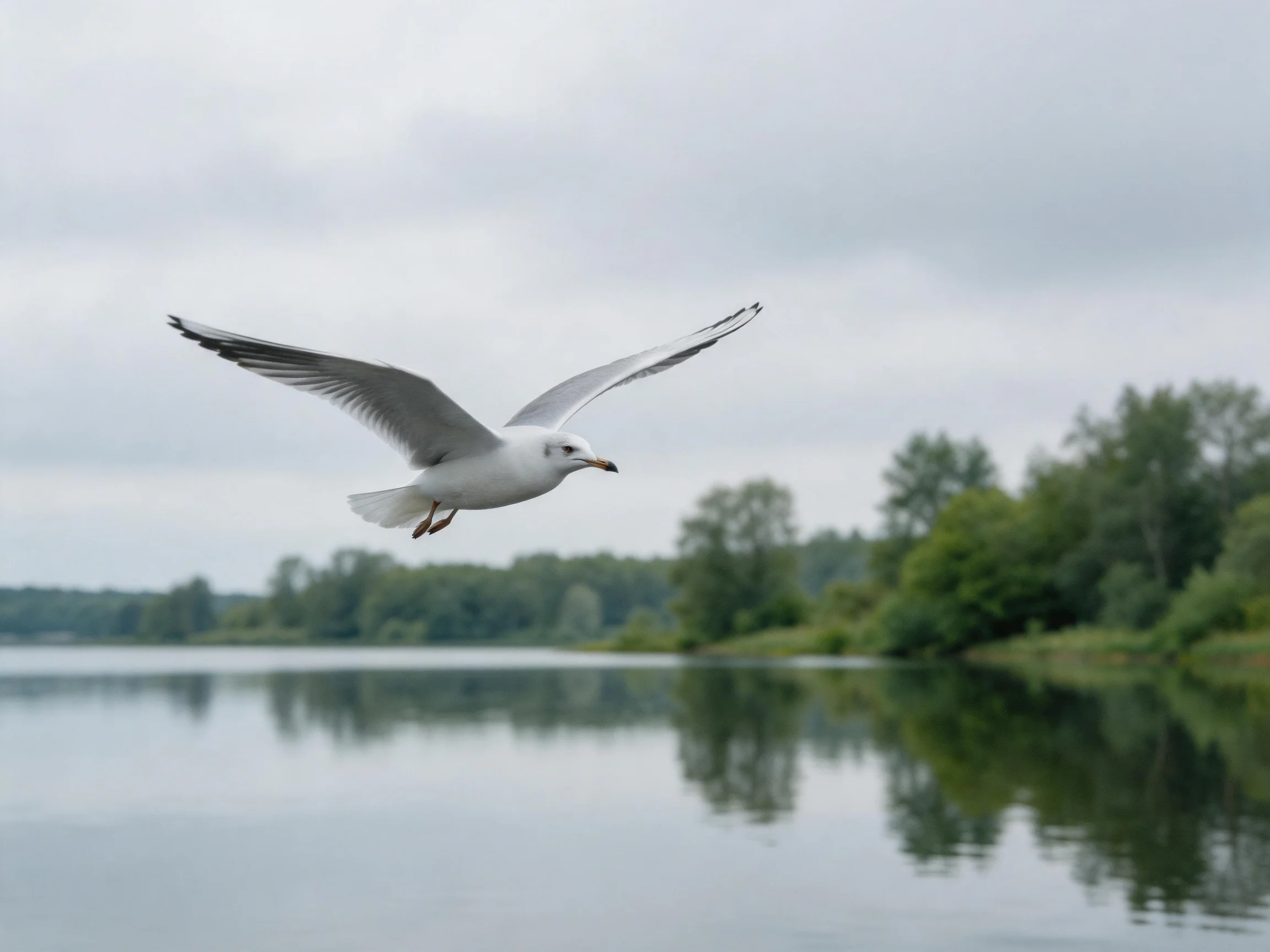 A seagull flies over calm water near lush green trees