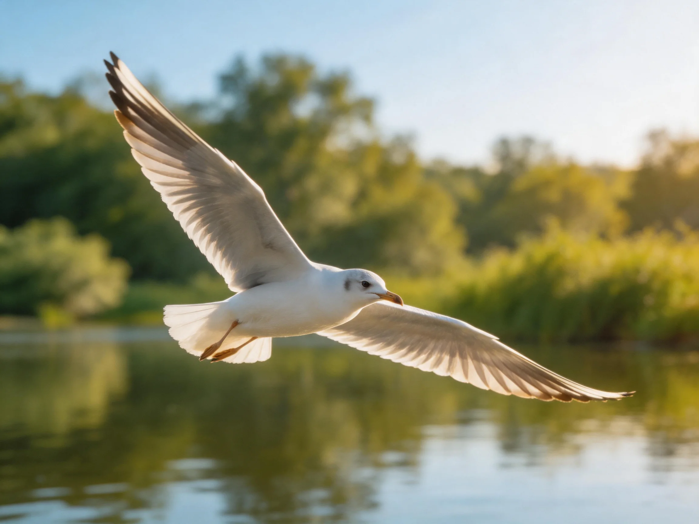 A seagull flies over calm water with lush greenery