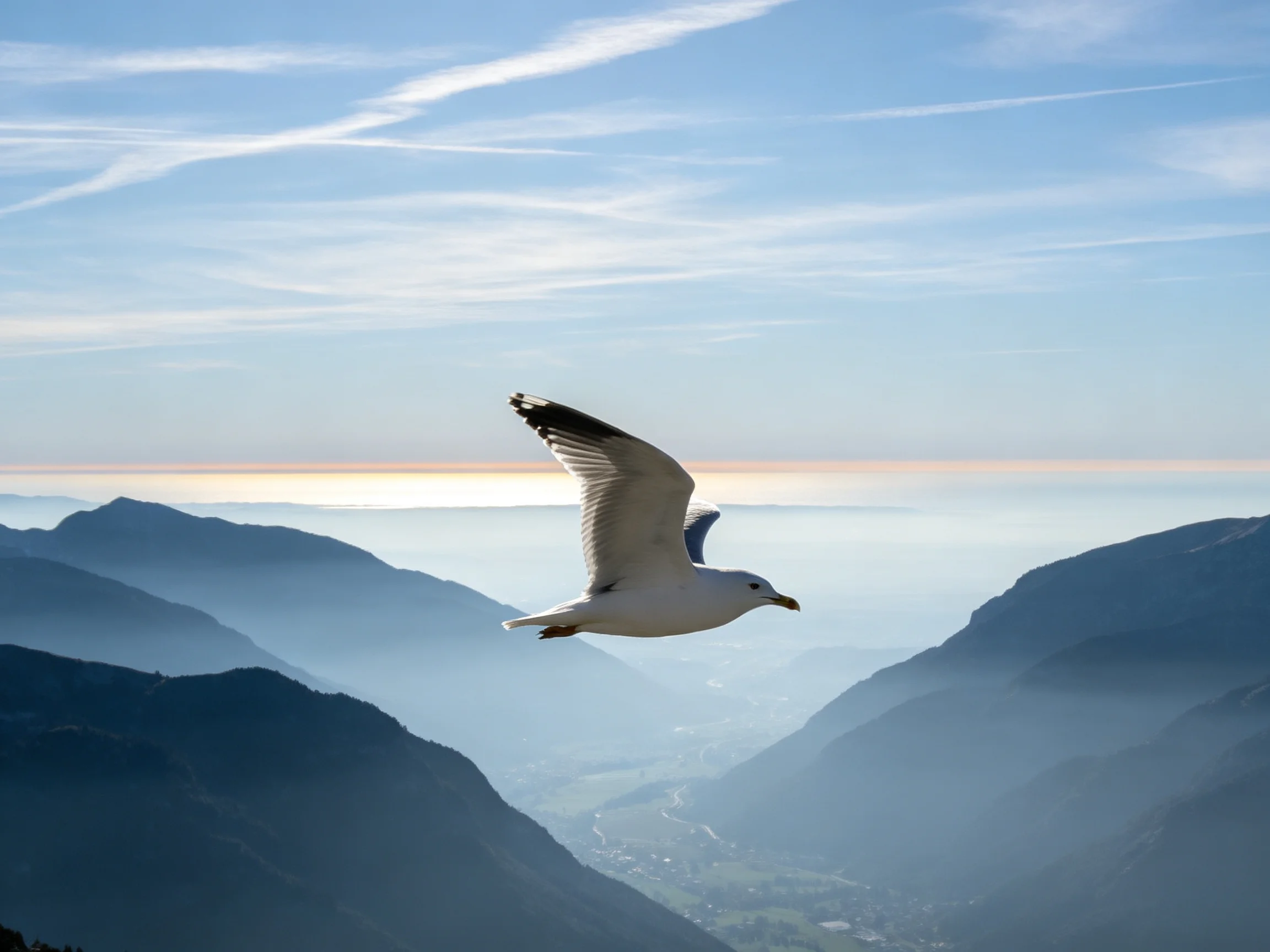 A seagull flies over misty mountain valleys beneath a clear blue sky