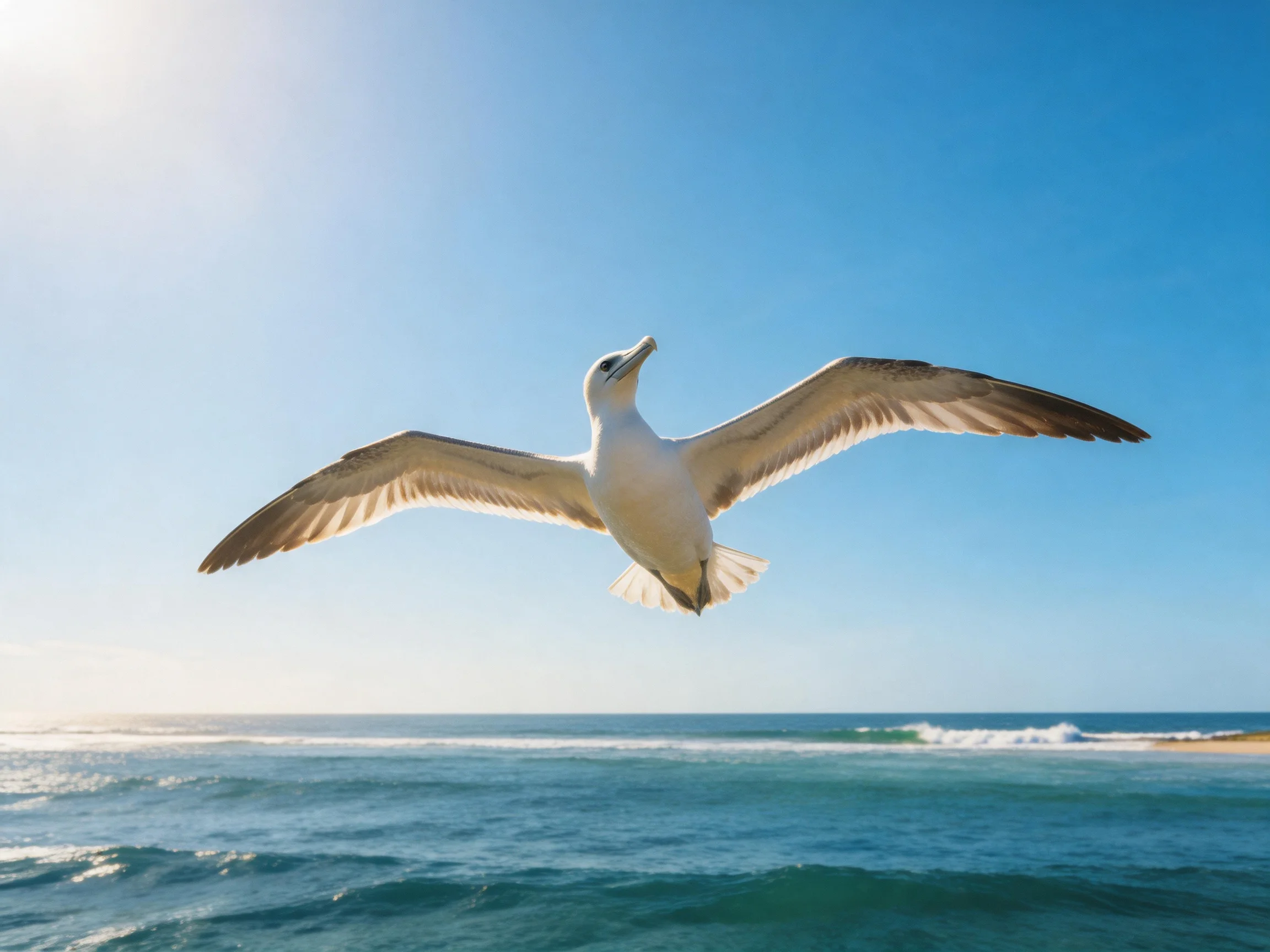 A seagull flies over turquoise ocean waters under a clear blue sky