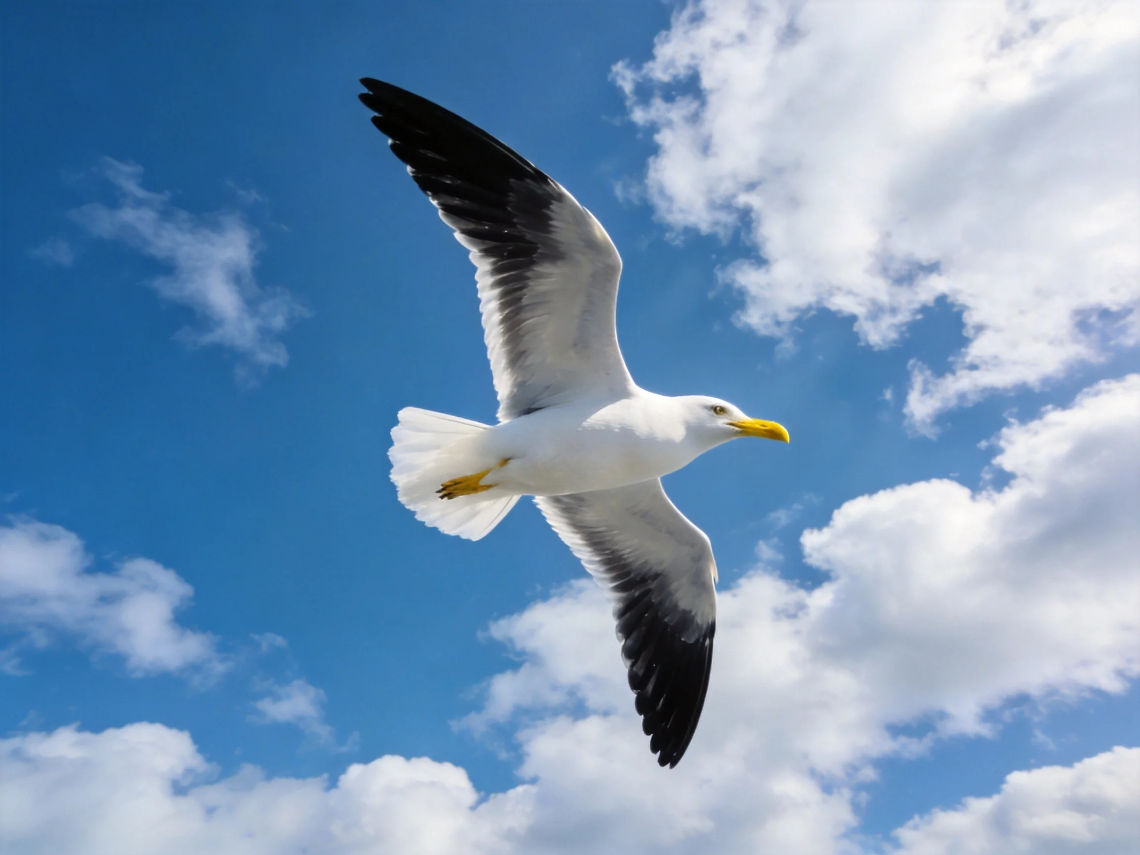 A seagull flies with black-tipped wings under bright blue sky