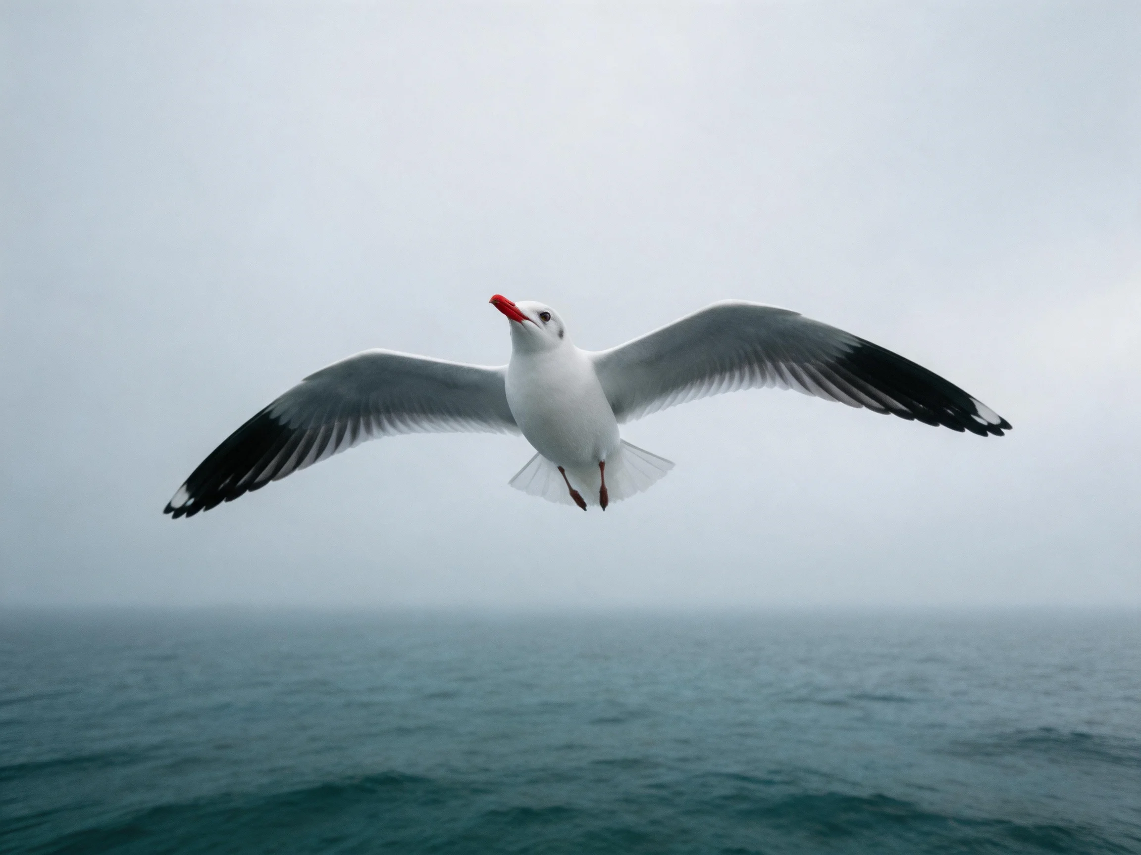 A seagull flies with outstretched wings above calm sea under gray sky