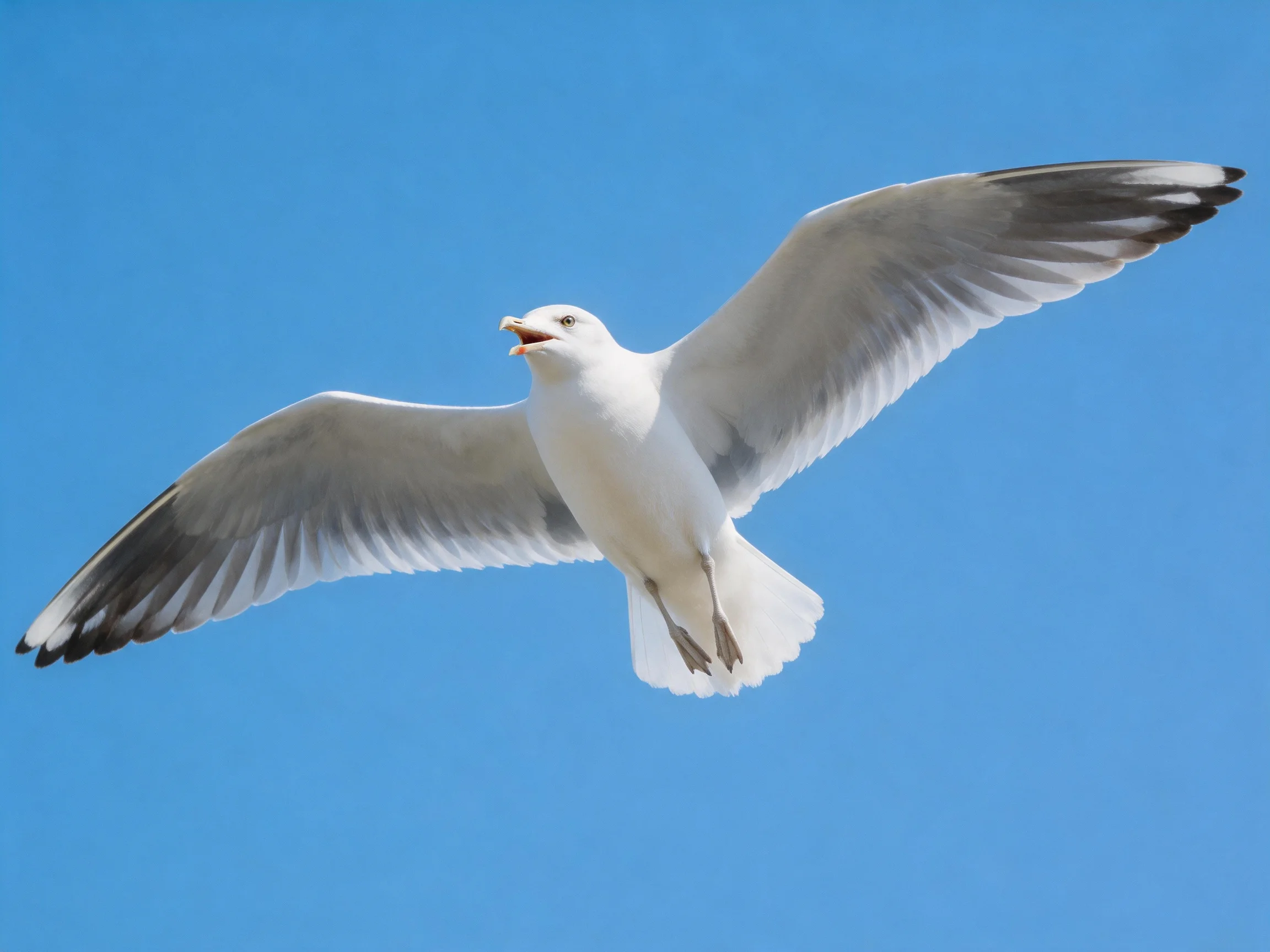 A seagull flies with outstretched wings against bright blue sky