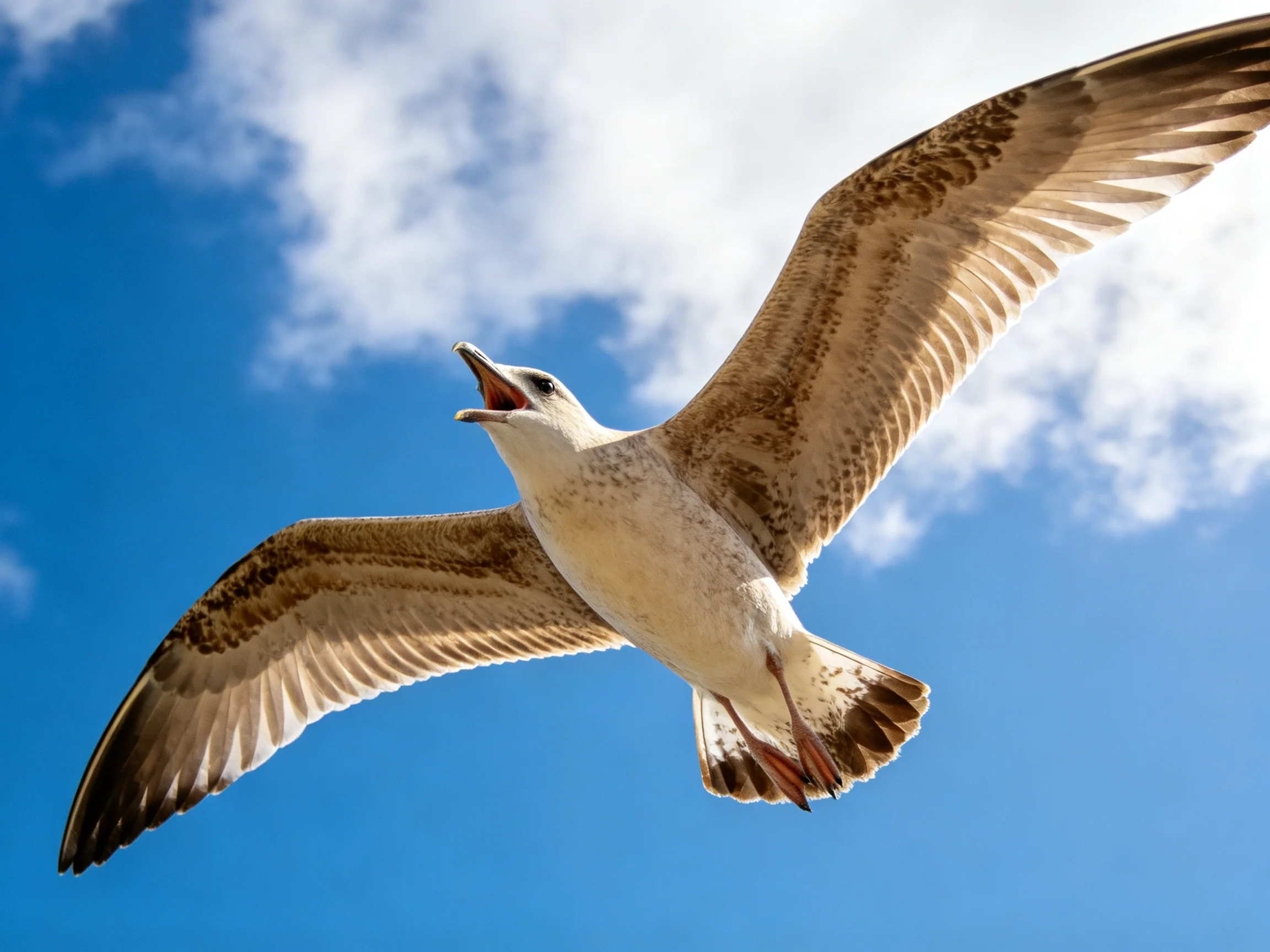 A seagull flies with outstretched wings under sunny blue sky