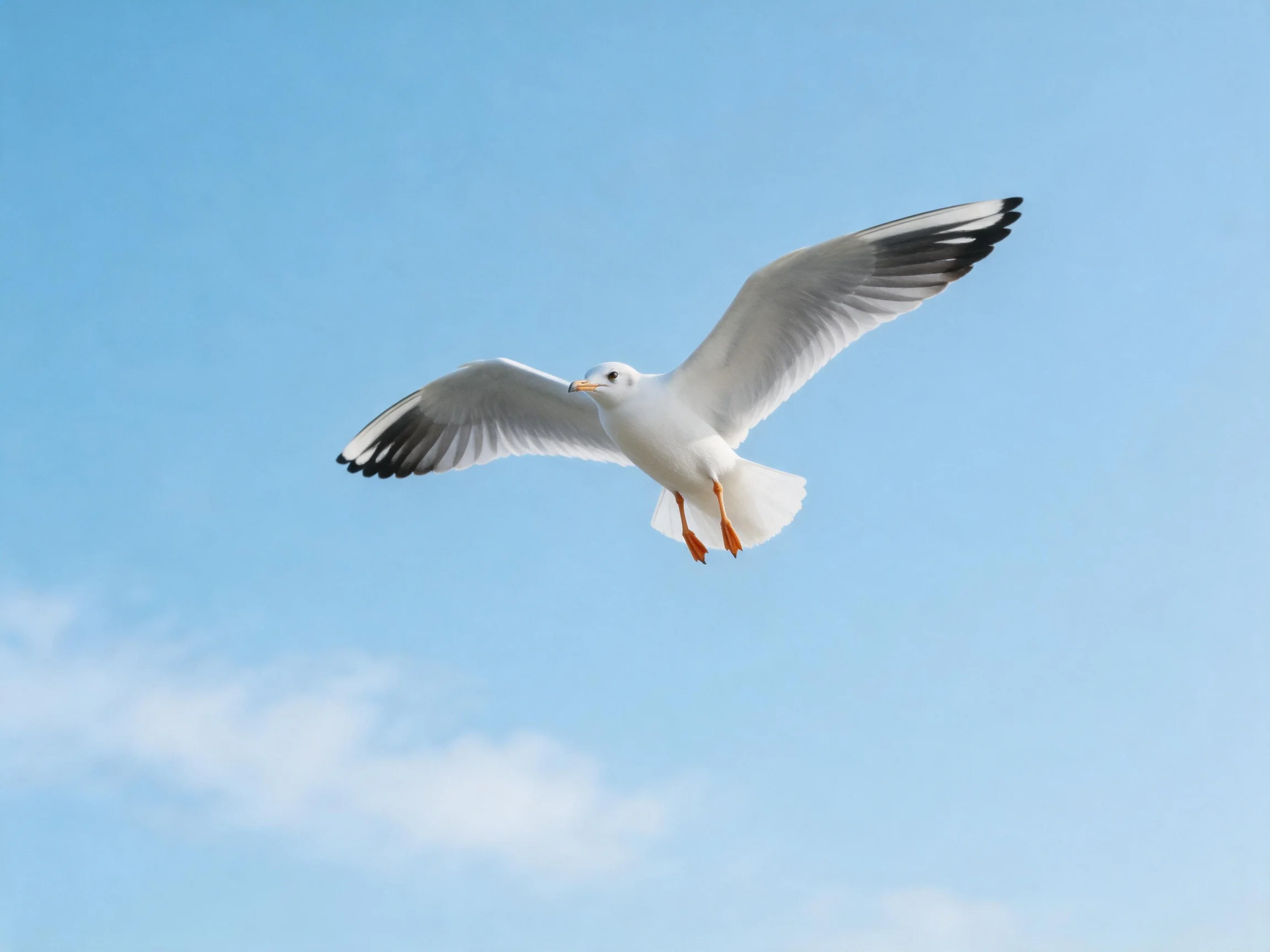A seagull flies with spread wings against bright blue sky