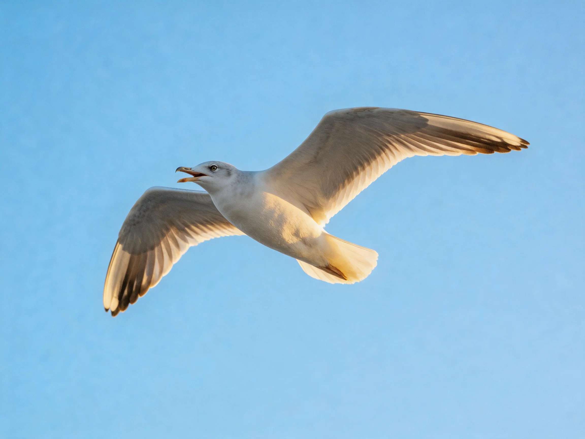 A seagull flies with wide wingspan over bright blue sky