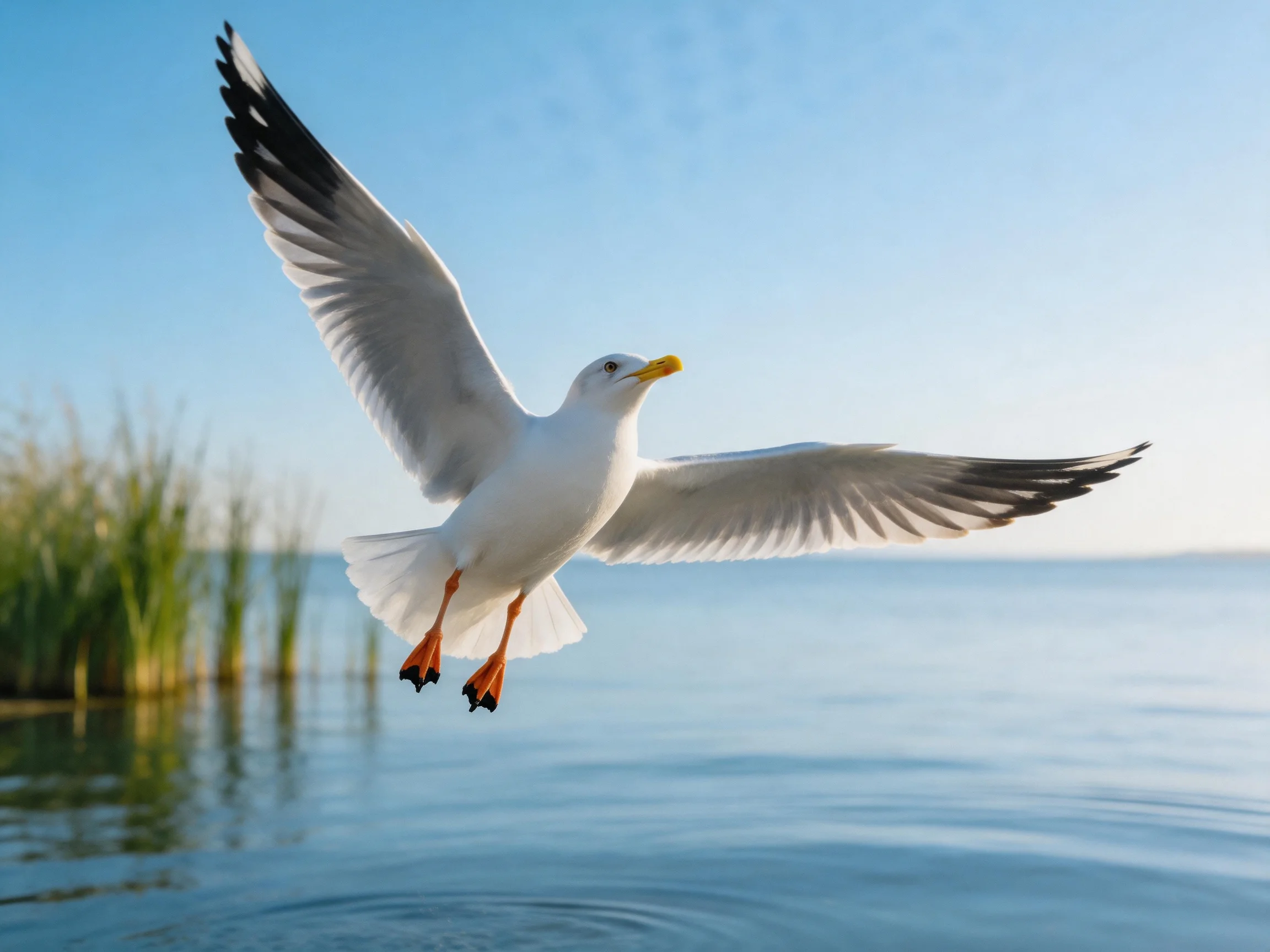 A seagull glides over calm water near green reeds