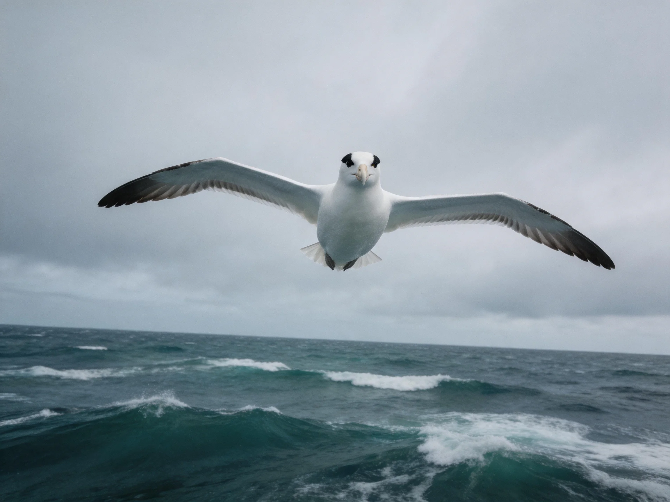 A seagull glides over rough turquoise ocean waves beneath cloudy sky