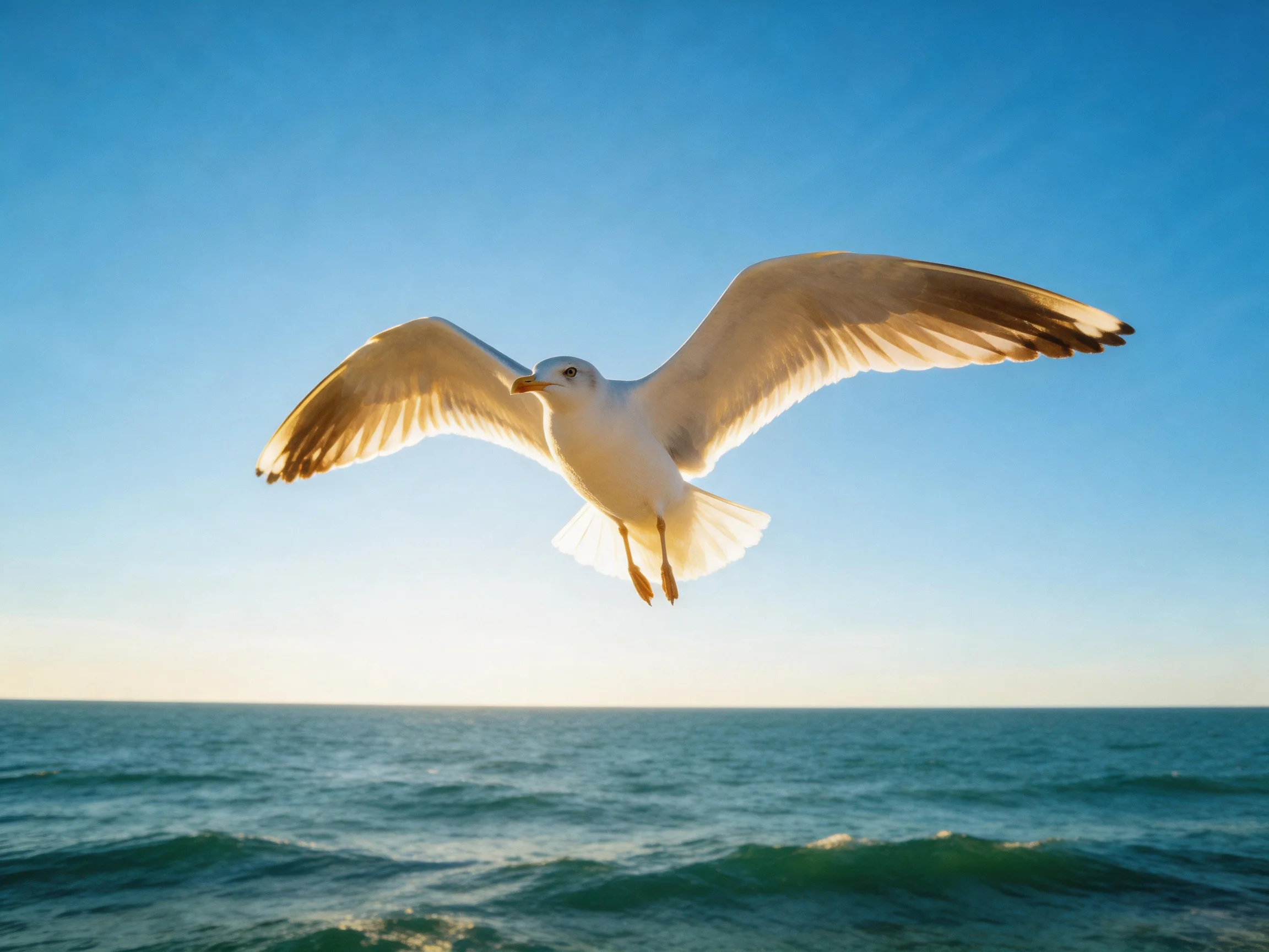 A seagull glides over turquoise ocean waves under clear blue sky