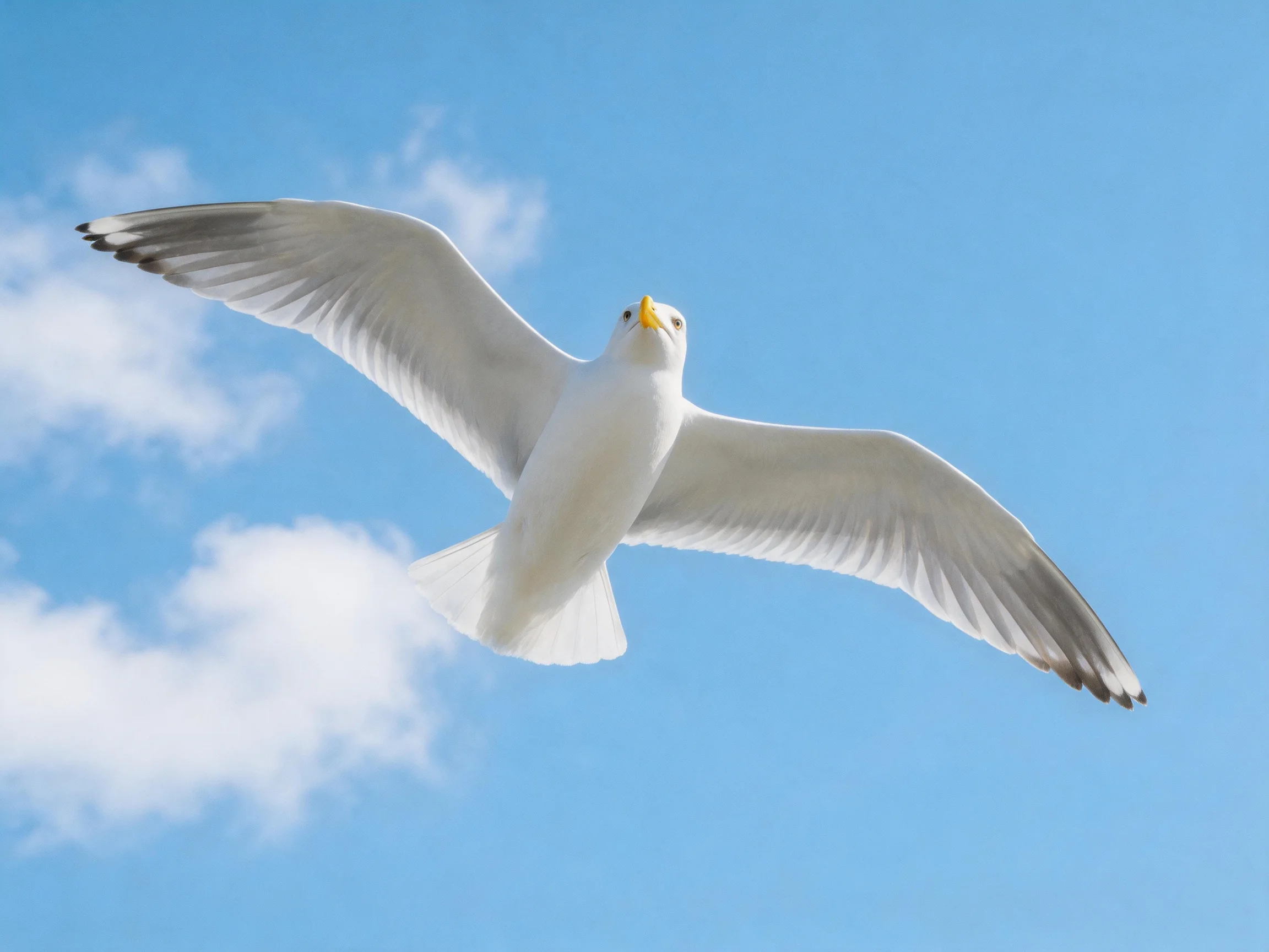 A seagull glides with outstretched wings beneath bright blue sky