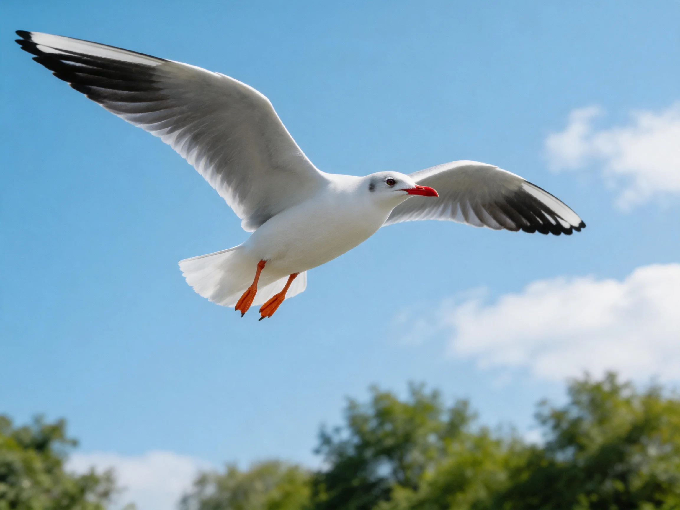A seagull glides with outstretched wings under clear blue skies
