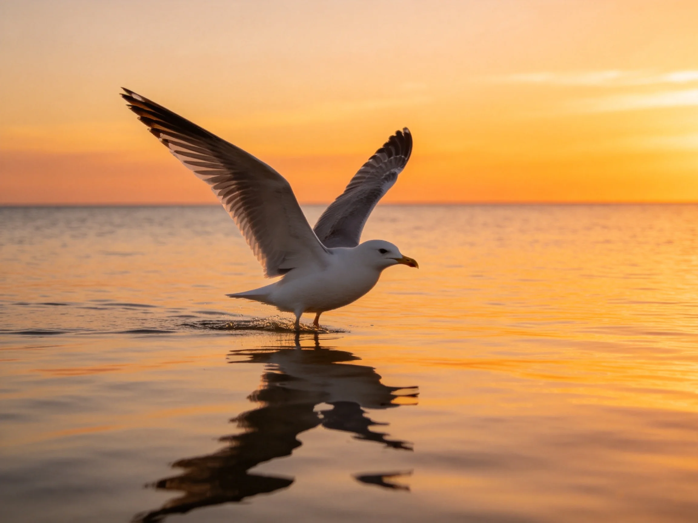 A seagull landing in golden ocean waters at sunset