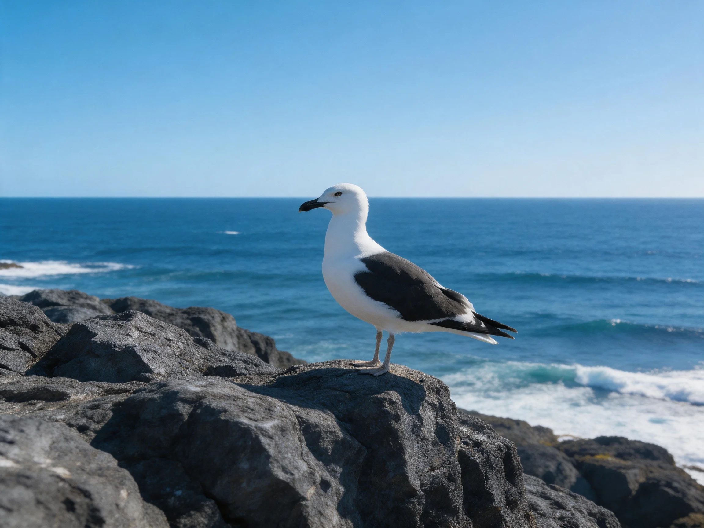 A seagull perched atop dark rocky cliffs by the blue sea