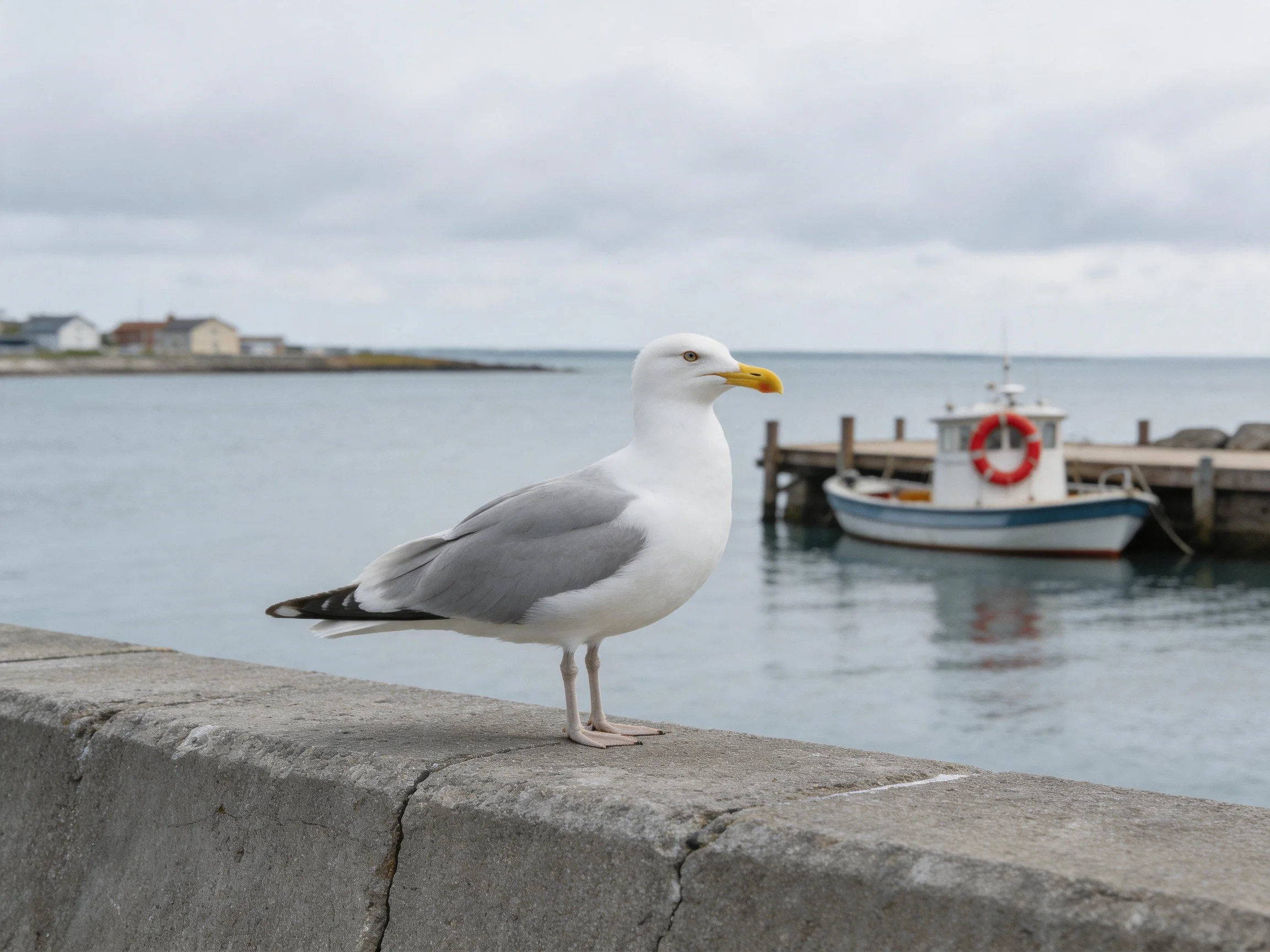 A seagull perched on a concrete ledge by a harbor with a docked boat