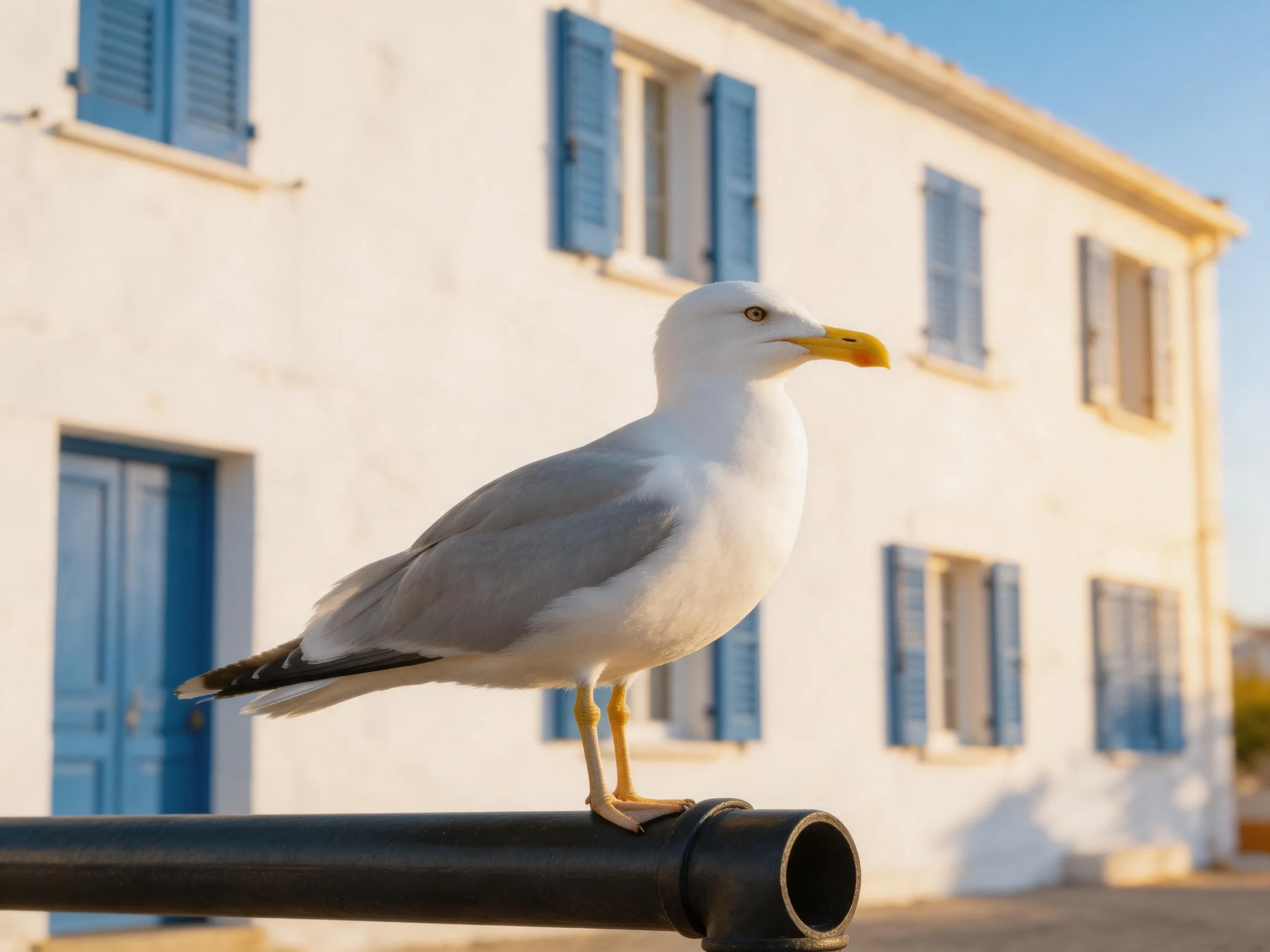 A seagull perched on a dark metal bar beside a white building with blue shutters