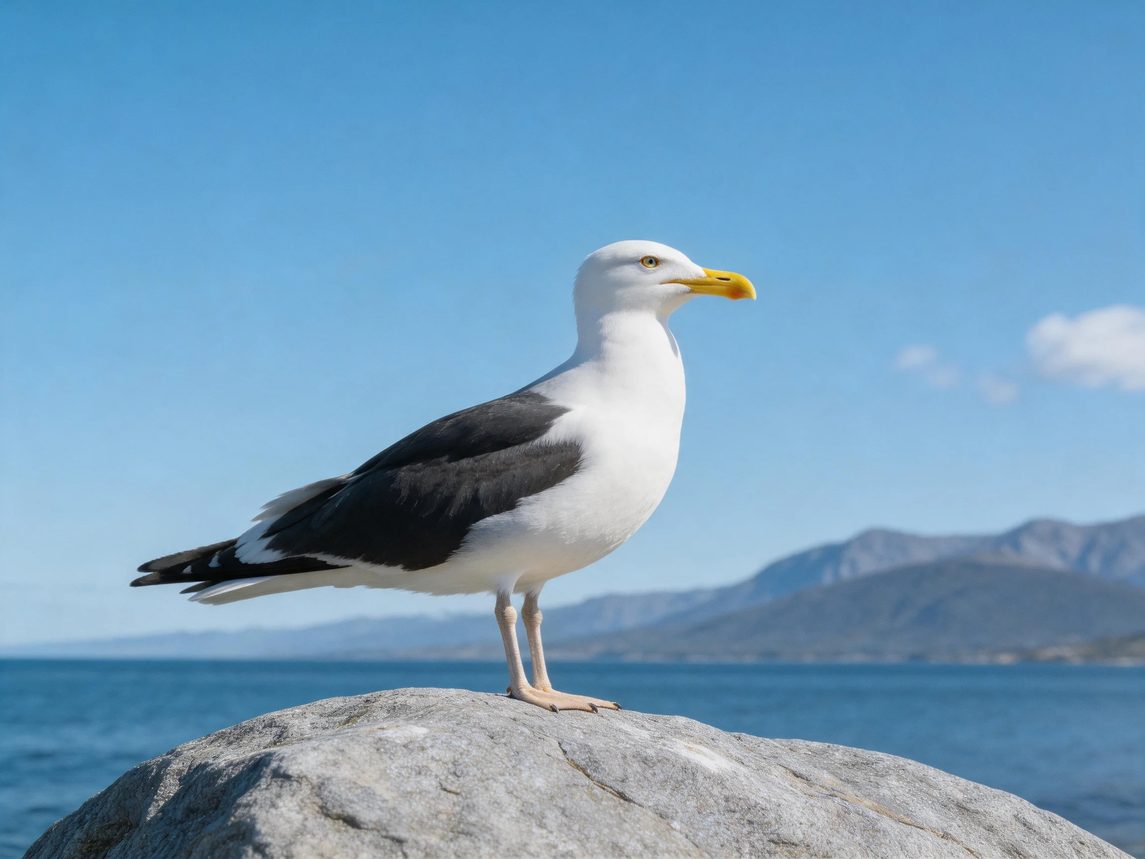 A seagull perched on a gray rock near blue waters and distant mountains