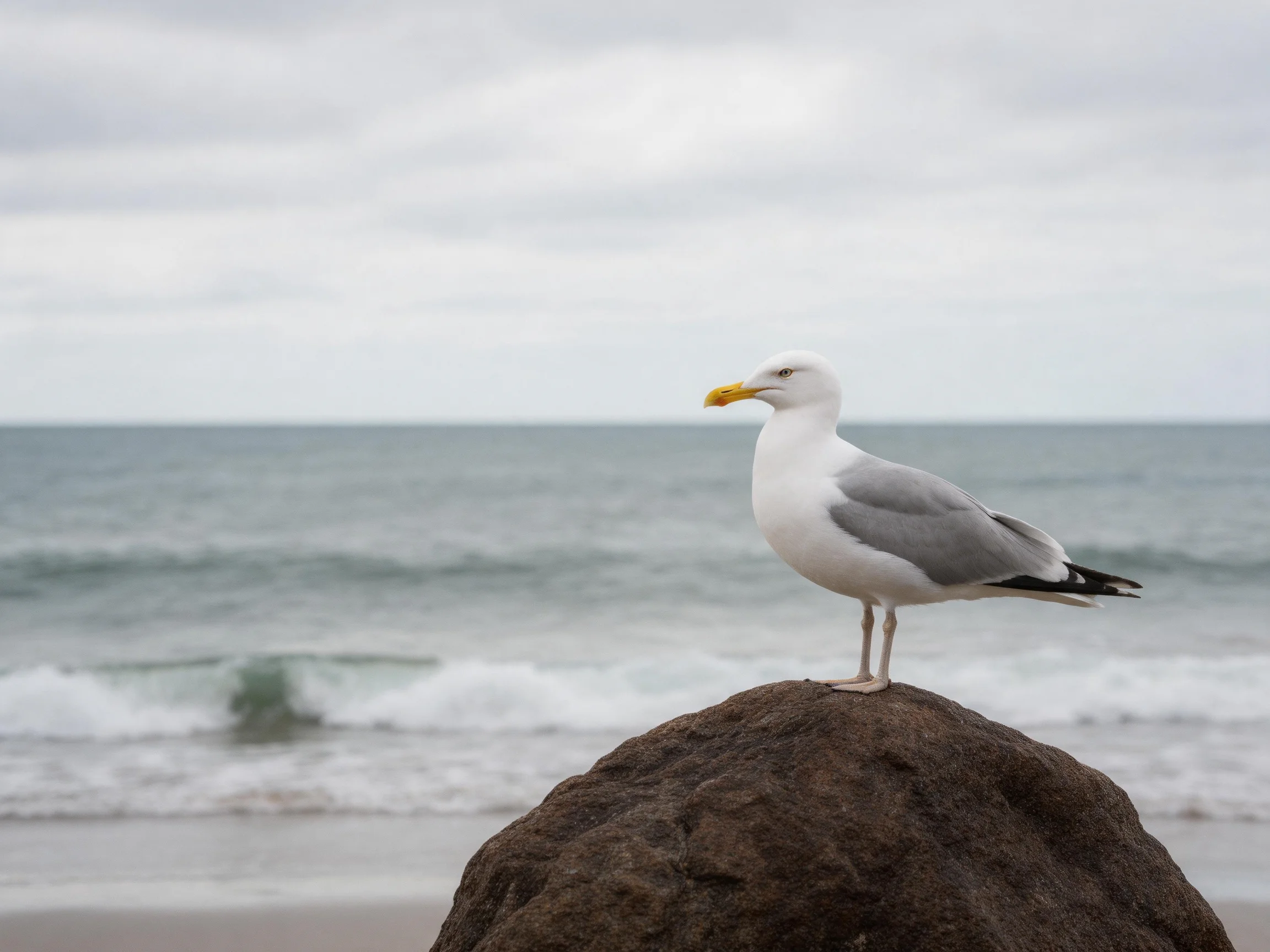 A seagull perched on a large brown rock by the ocean