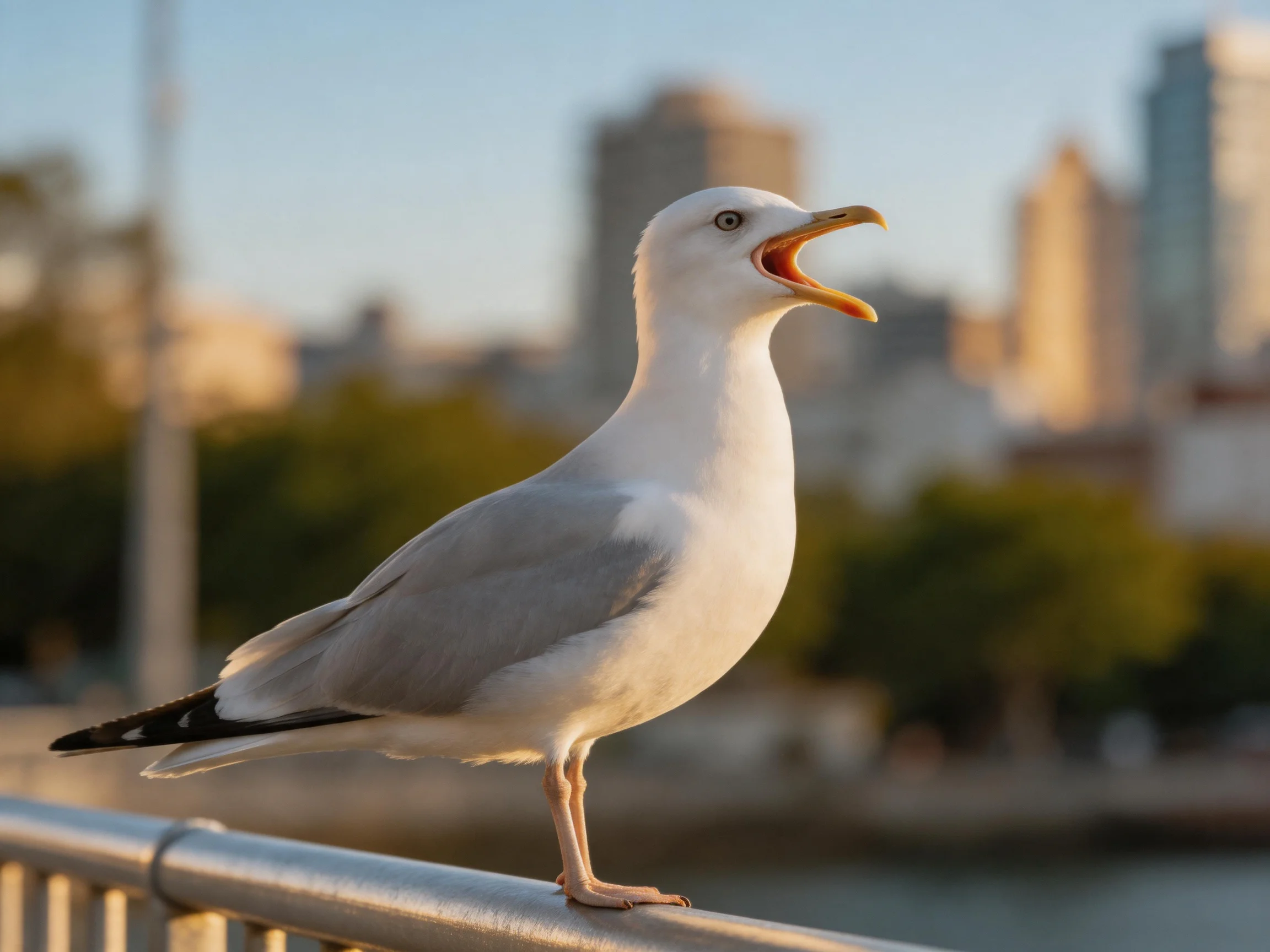 A seagull perched on a metal railing with an urban backdrop
