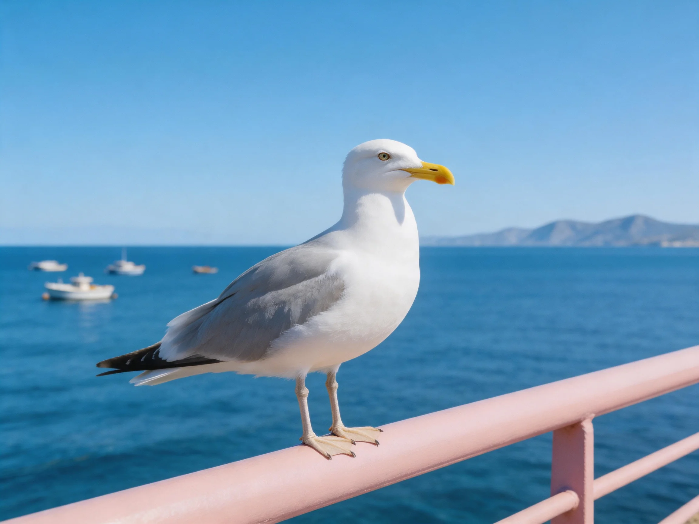 A seagull perched on a pink railing overlooking calm blue waters