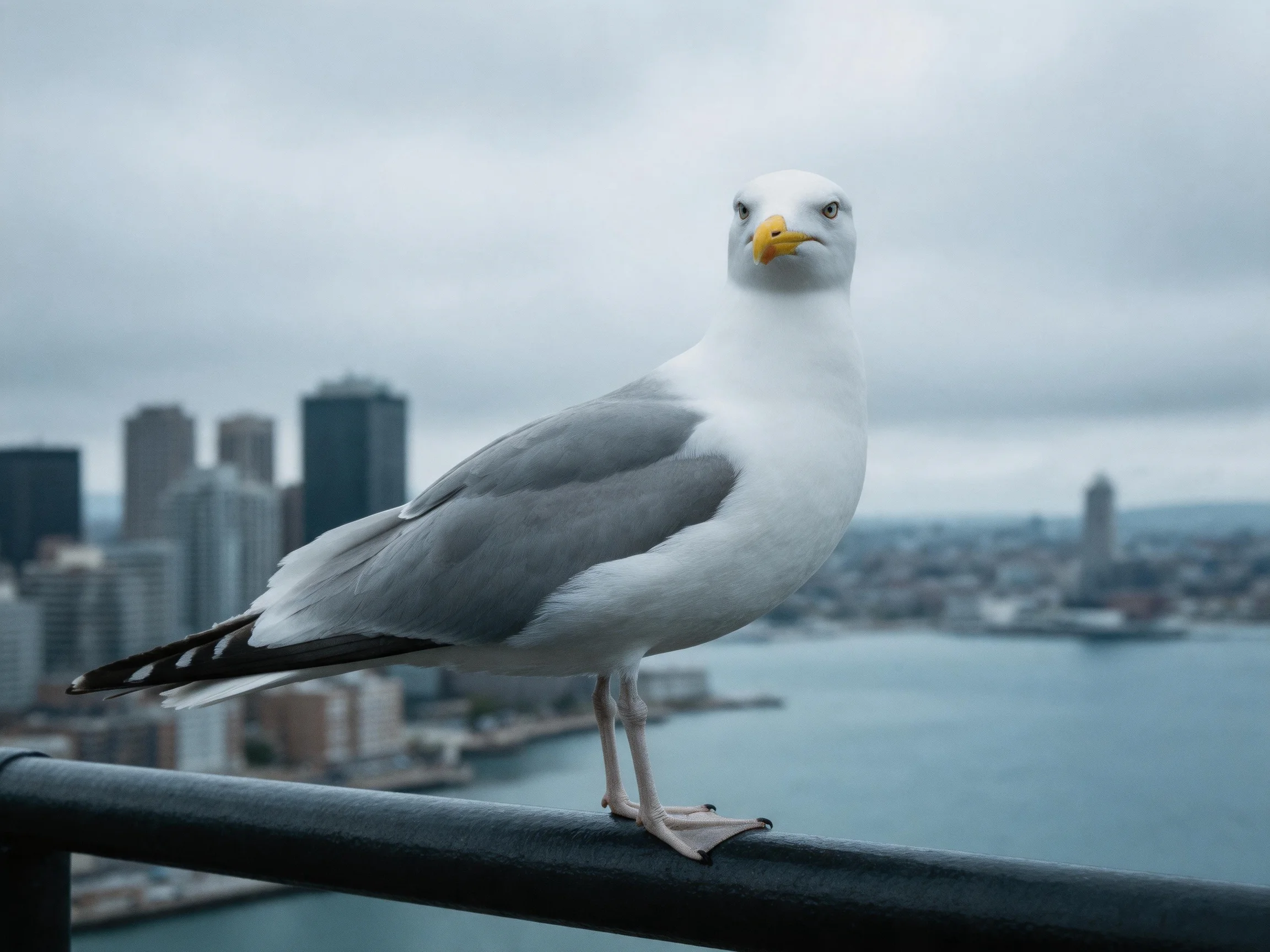 A seagull perched on a railing with a city skyline and water behind