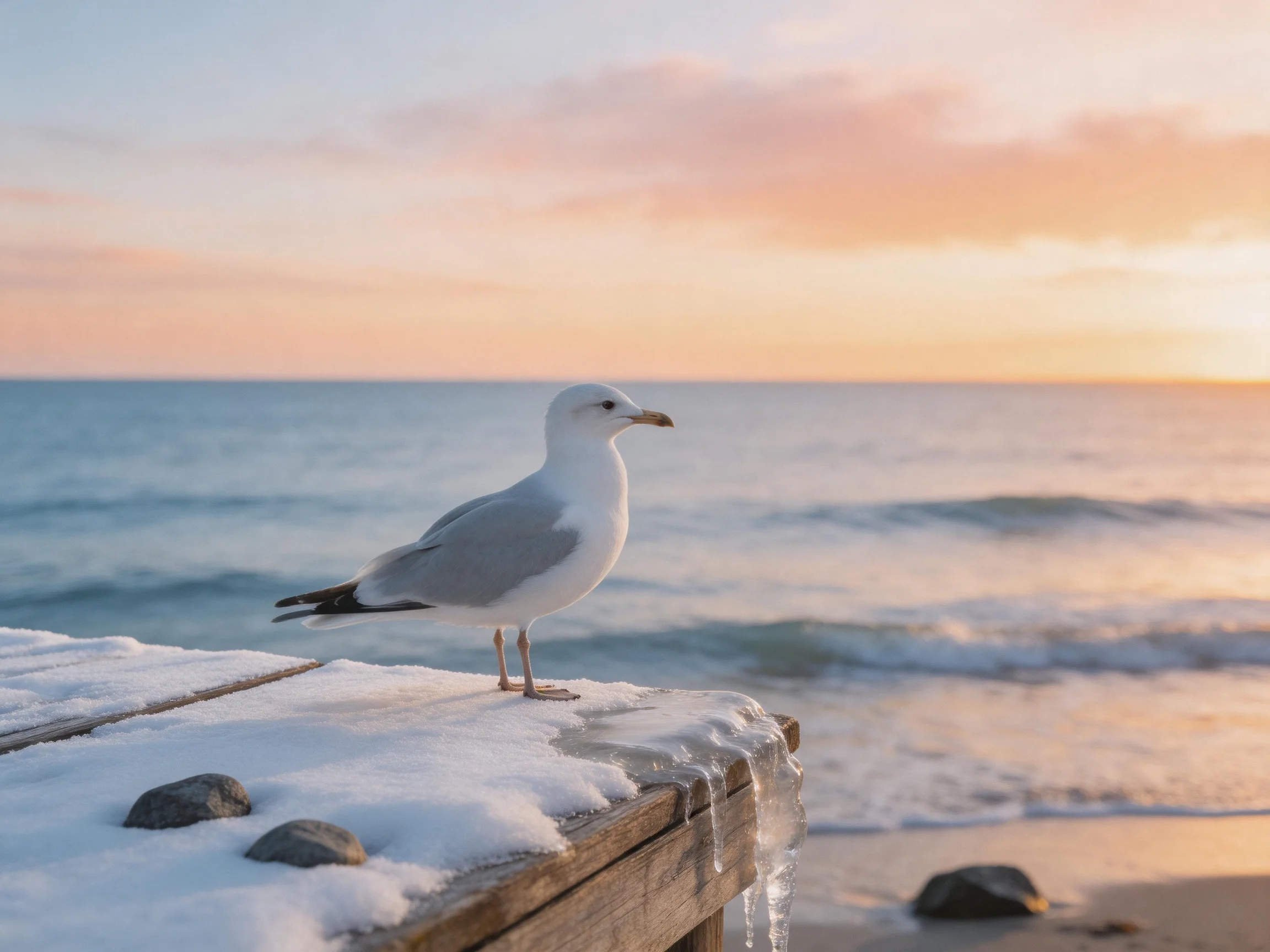 A seagull perched on a snowy wooden pier by the ocean at sunset