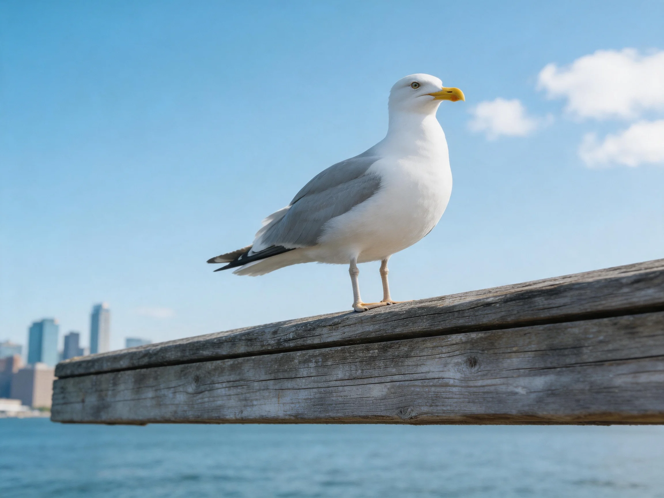 A seagull perched on a weathered wooden beam near a city skyline