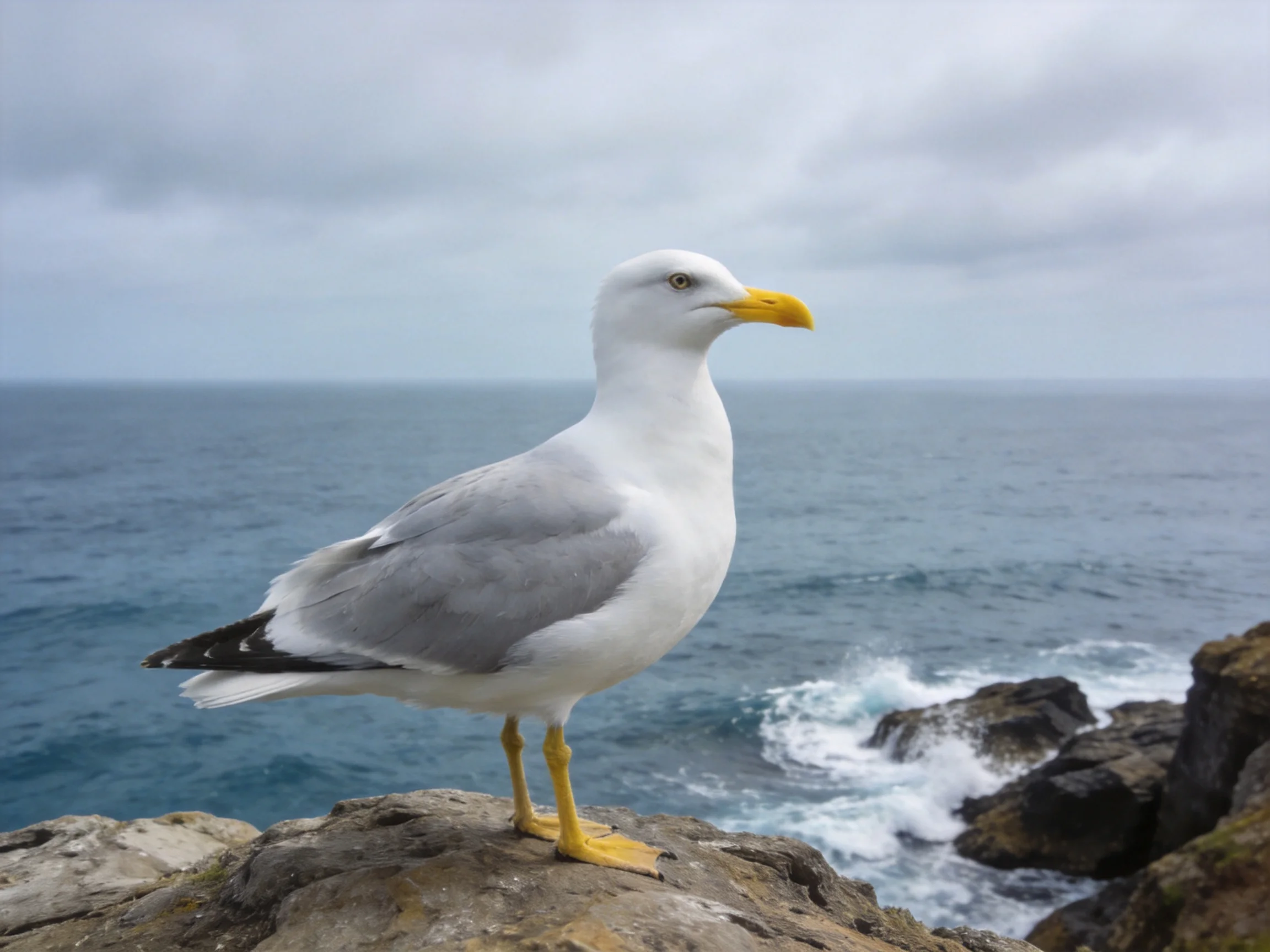 A seagull perched on coastal rocks by the ocean