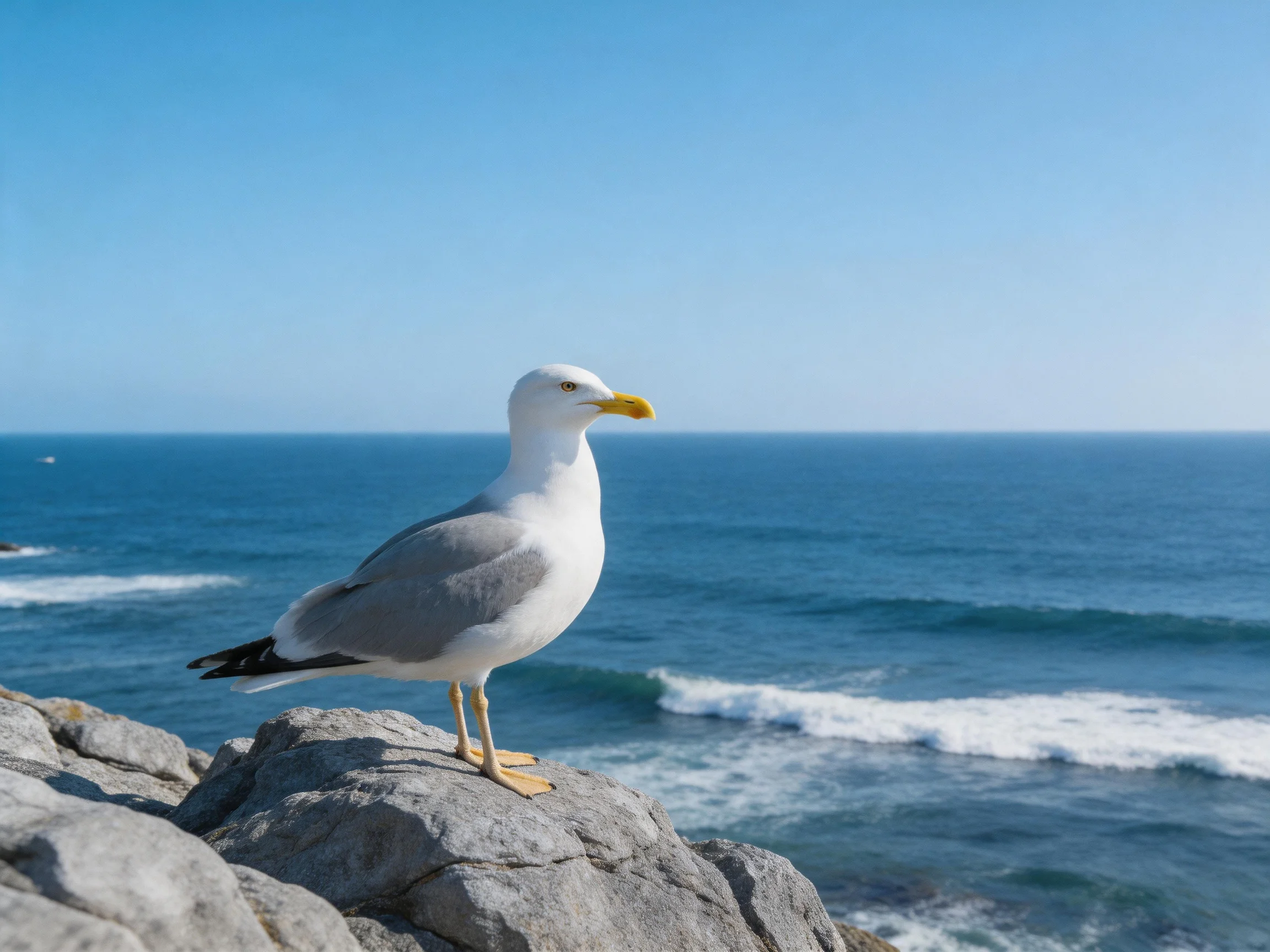 A seagull perched on gray rocks near blue ocean waves