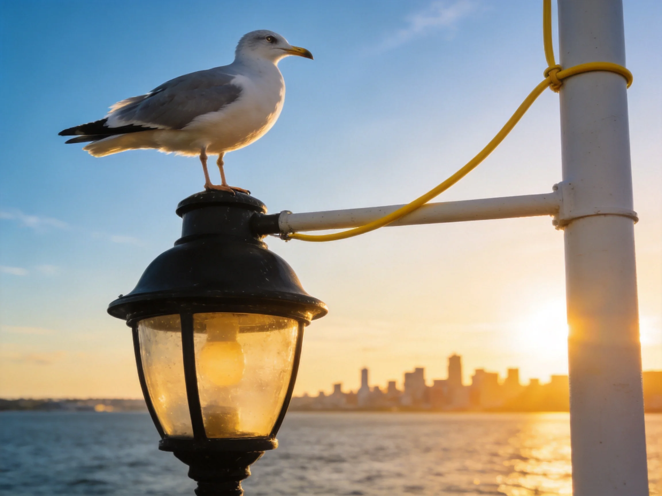 A seagull perches atop a black streetlamp by waterfront city skyline at sunset