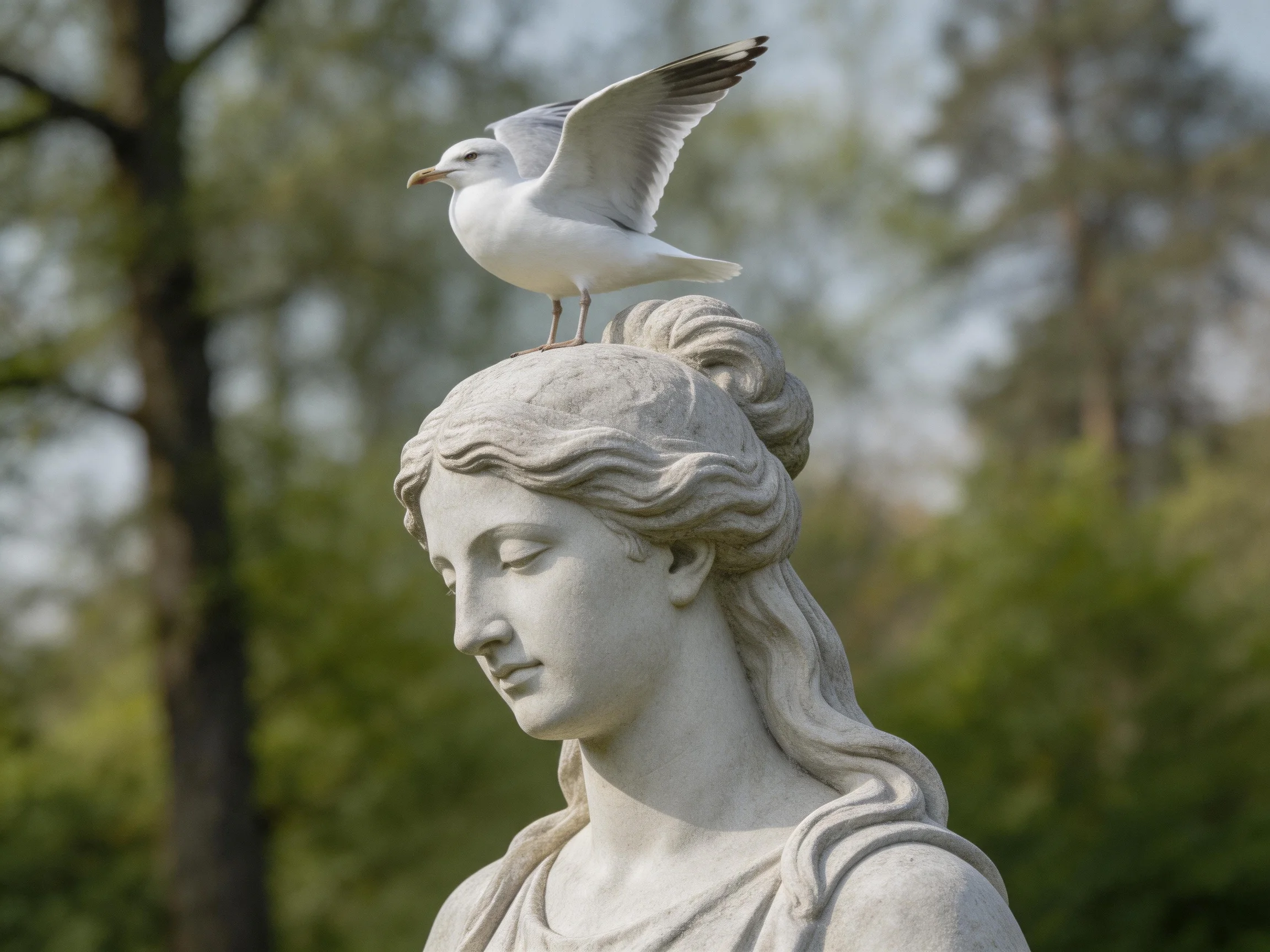 A seagull perches atop a stone statue of a woman in a park