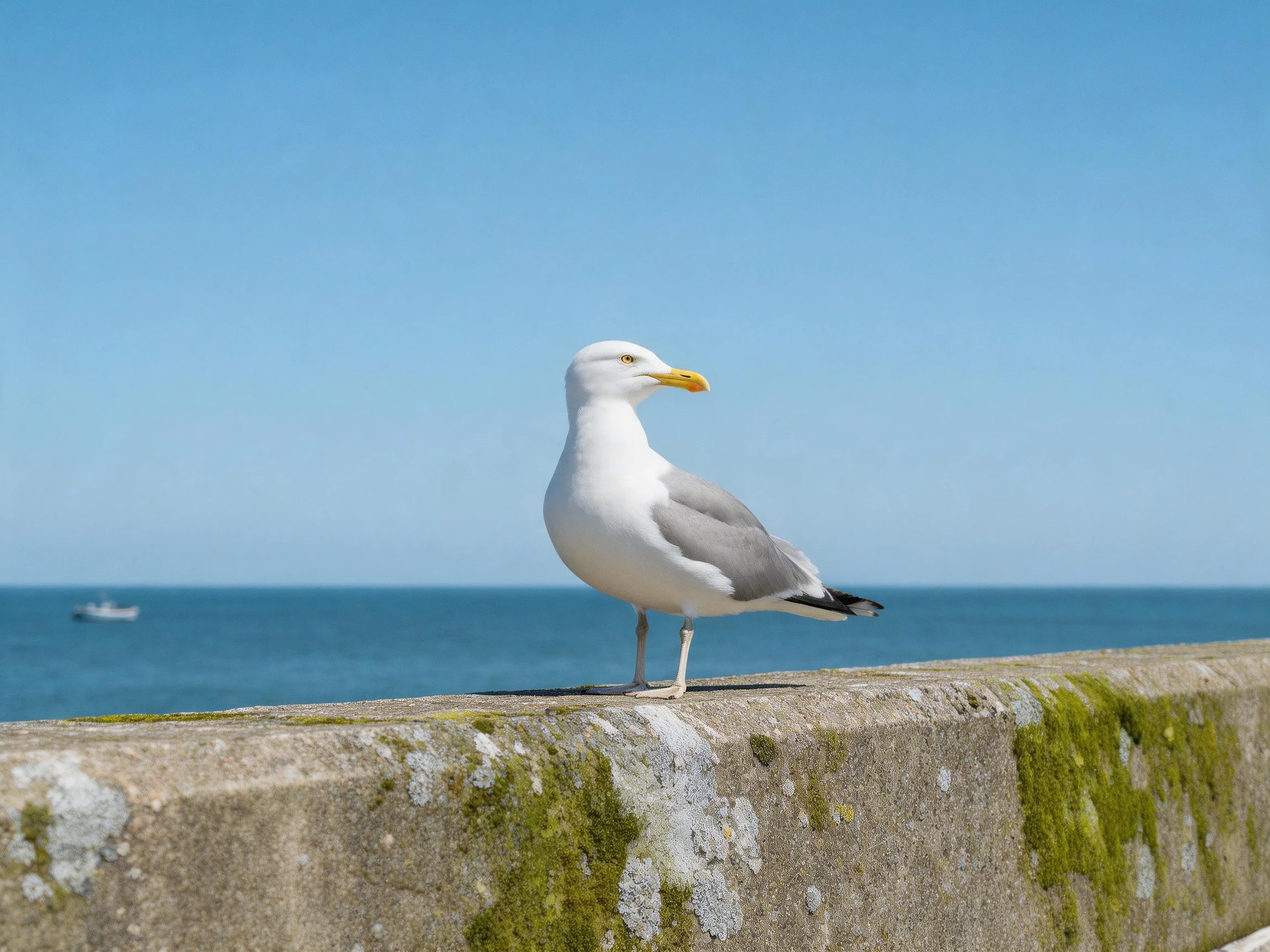A seagull perches on a mossy concrete ledge by the ocean