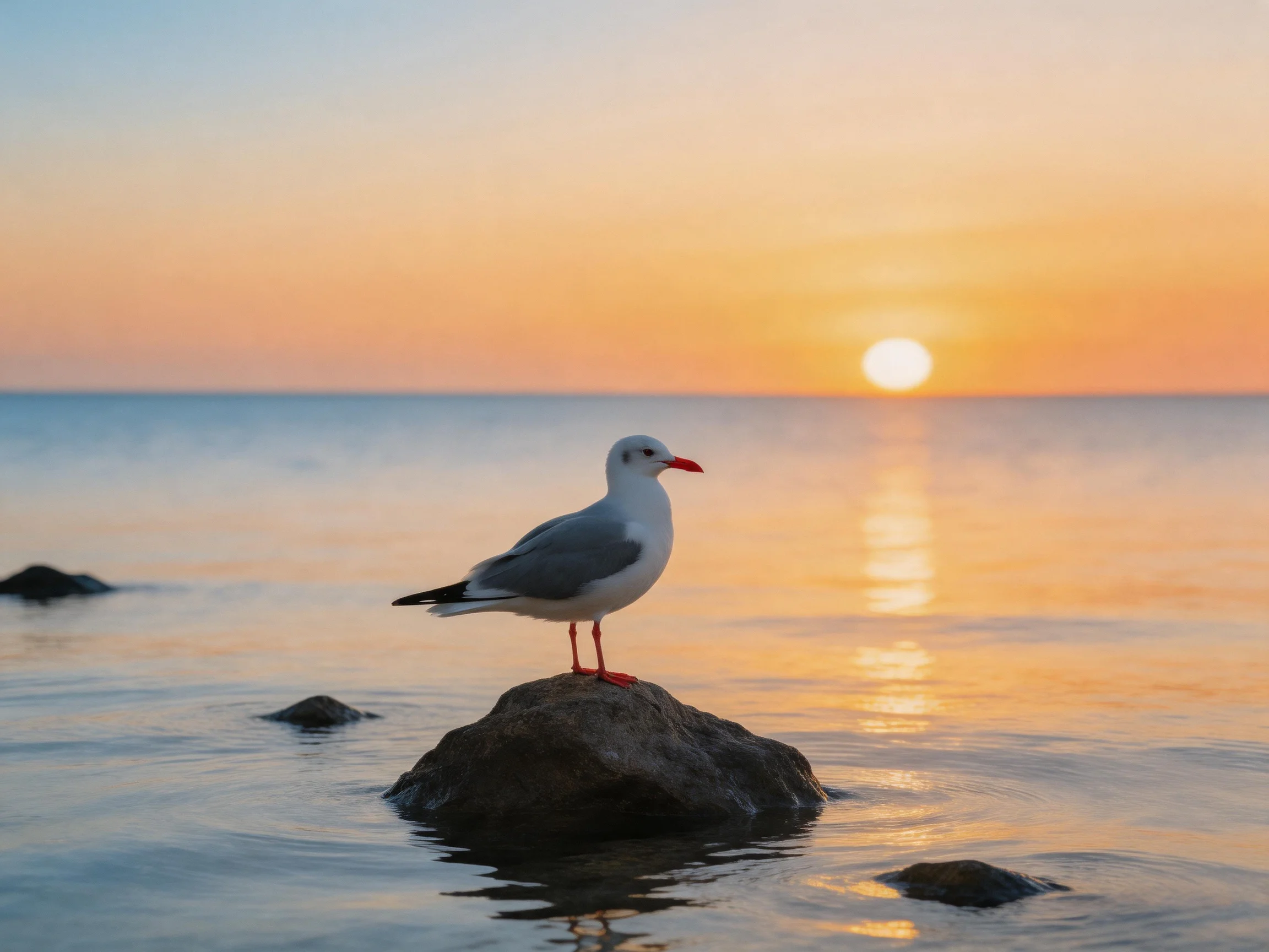A seagull perches on a rock amid calm waters at sunset