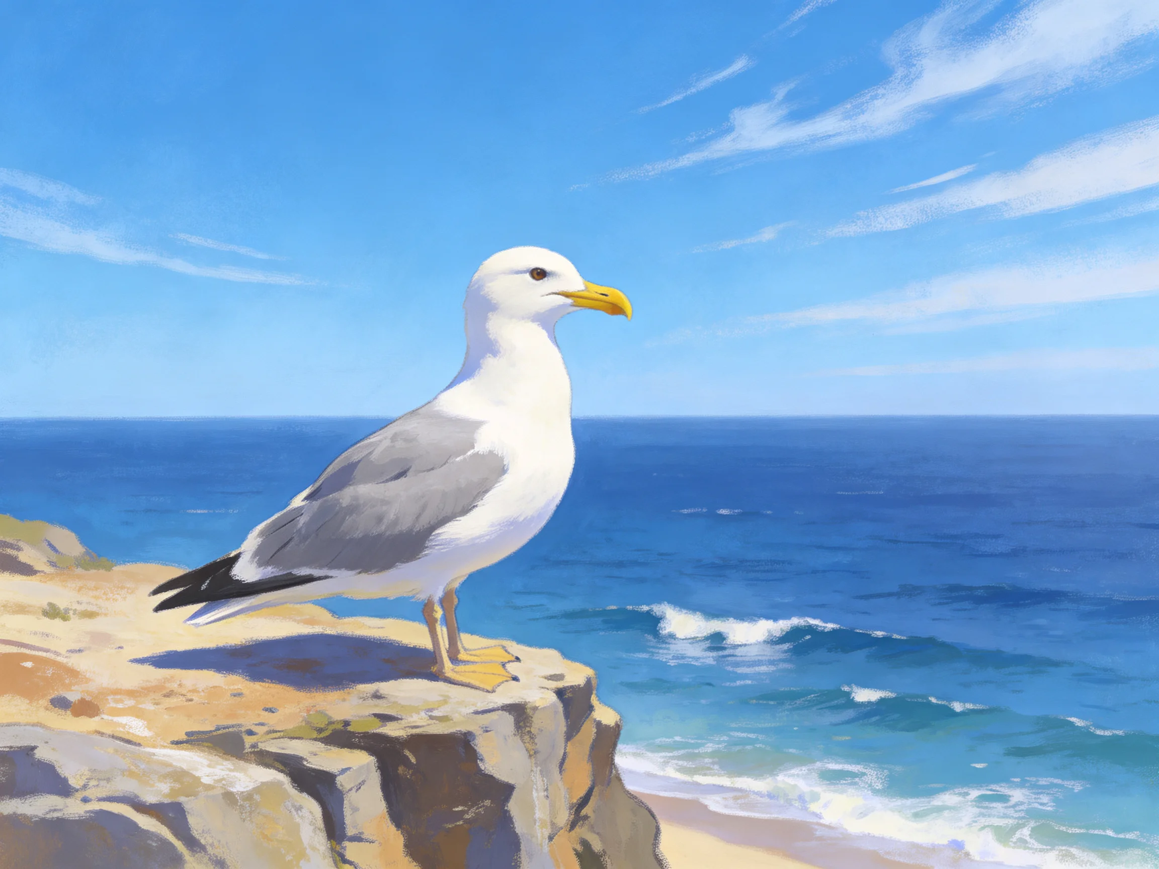 A seagull perches on a rocky cliff by the turquoise sea