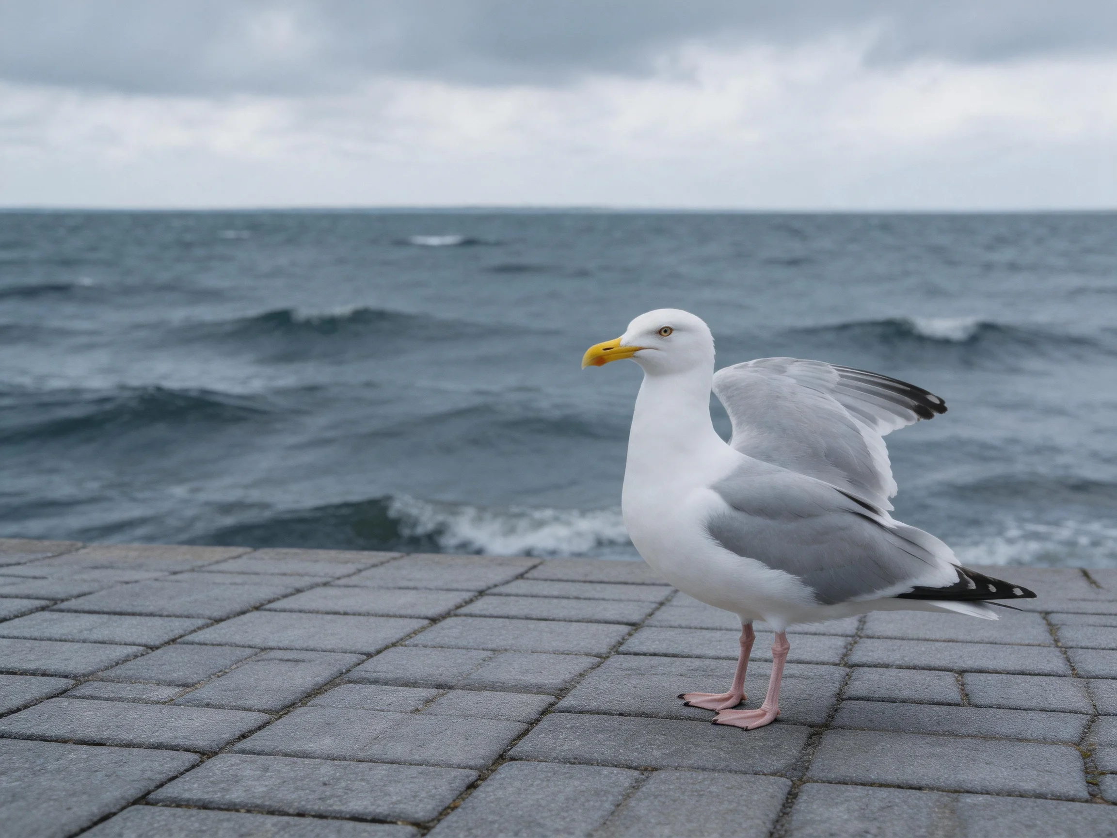 A seagull perches on a stone walkway by the churning sea