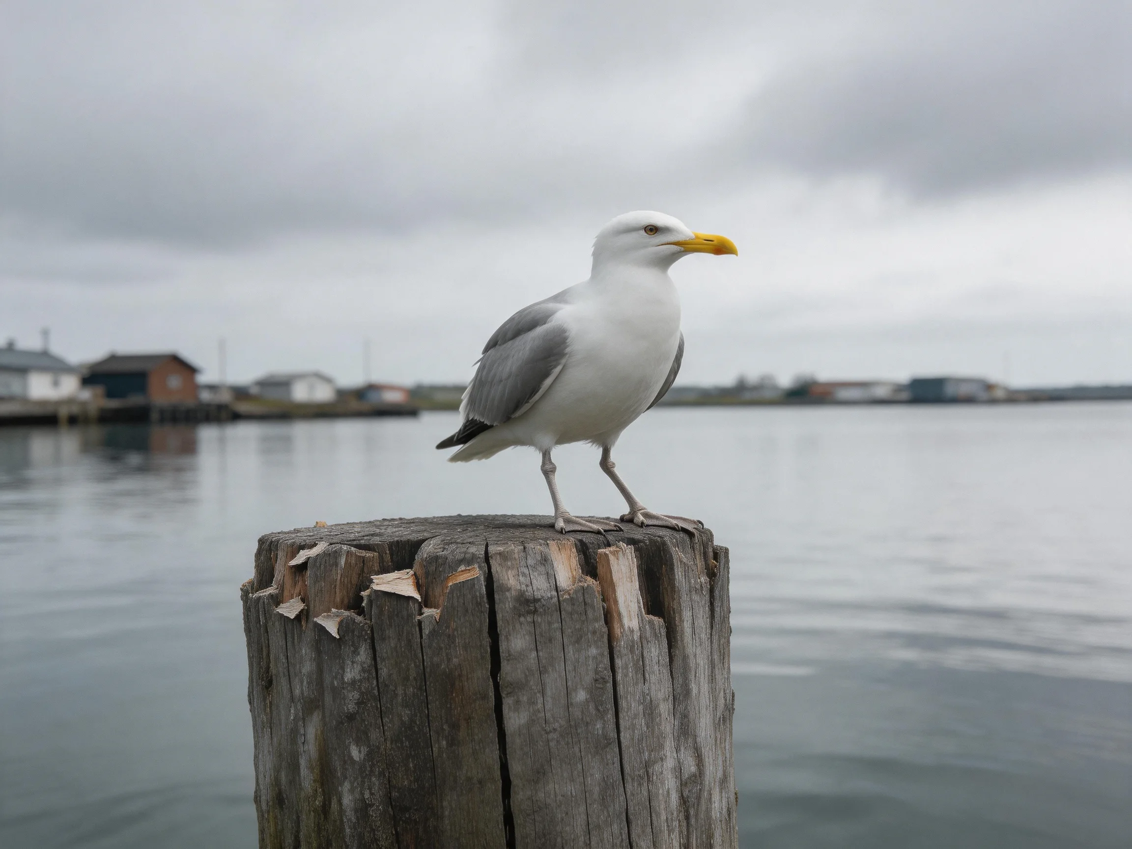 A seagull perches on a weathered wooden post by calm waters