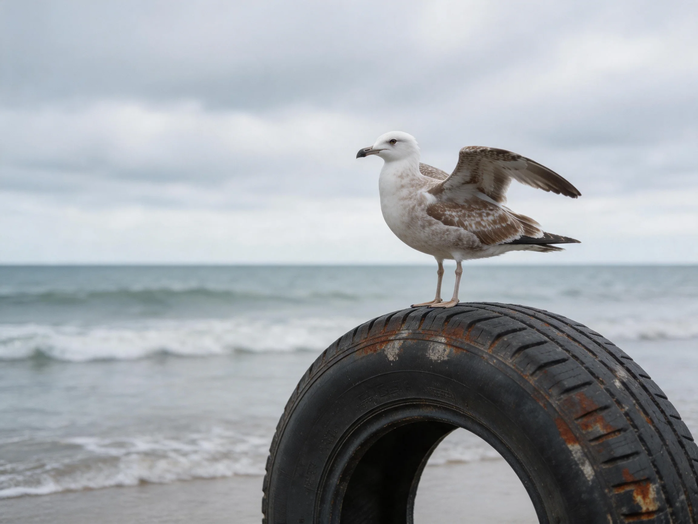 A seagull perches on an aged black tire by the shoreline