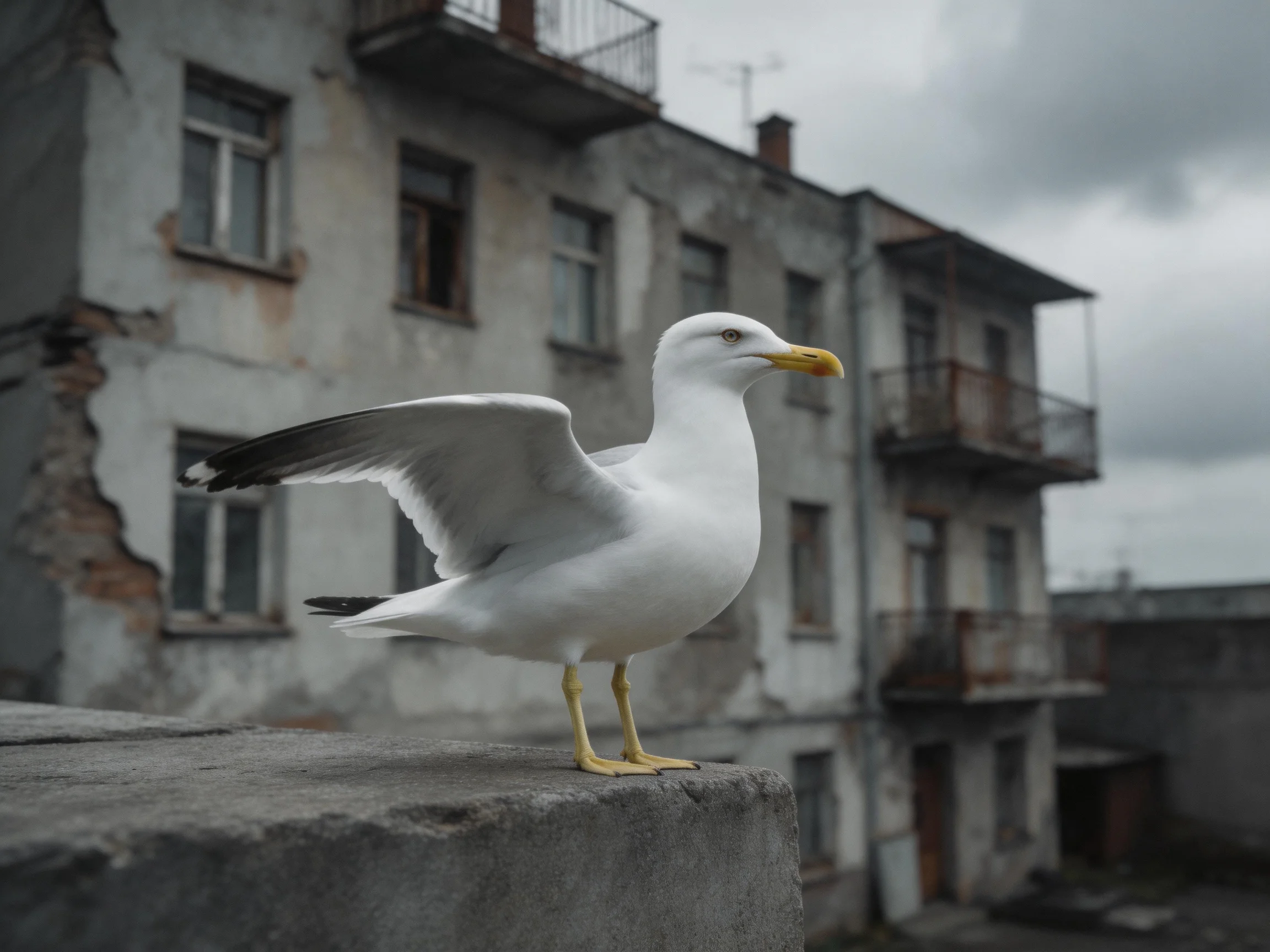 A seagull perches on concrete near aged weathered buildings